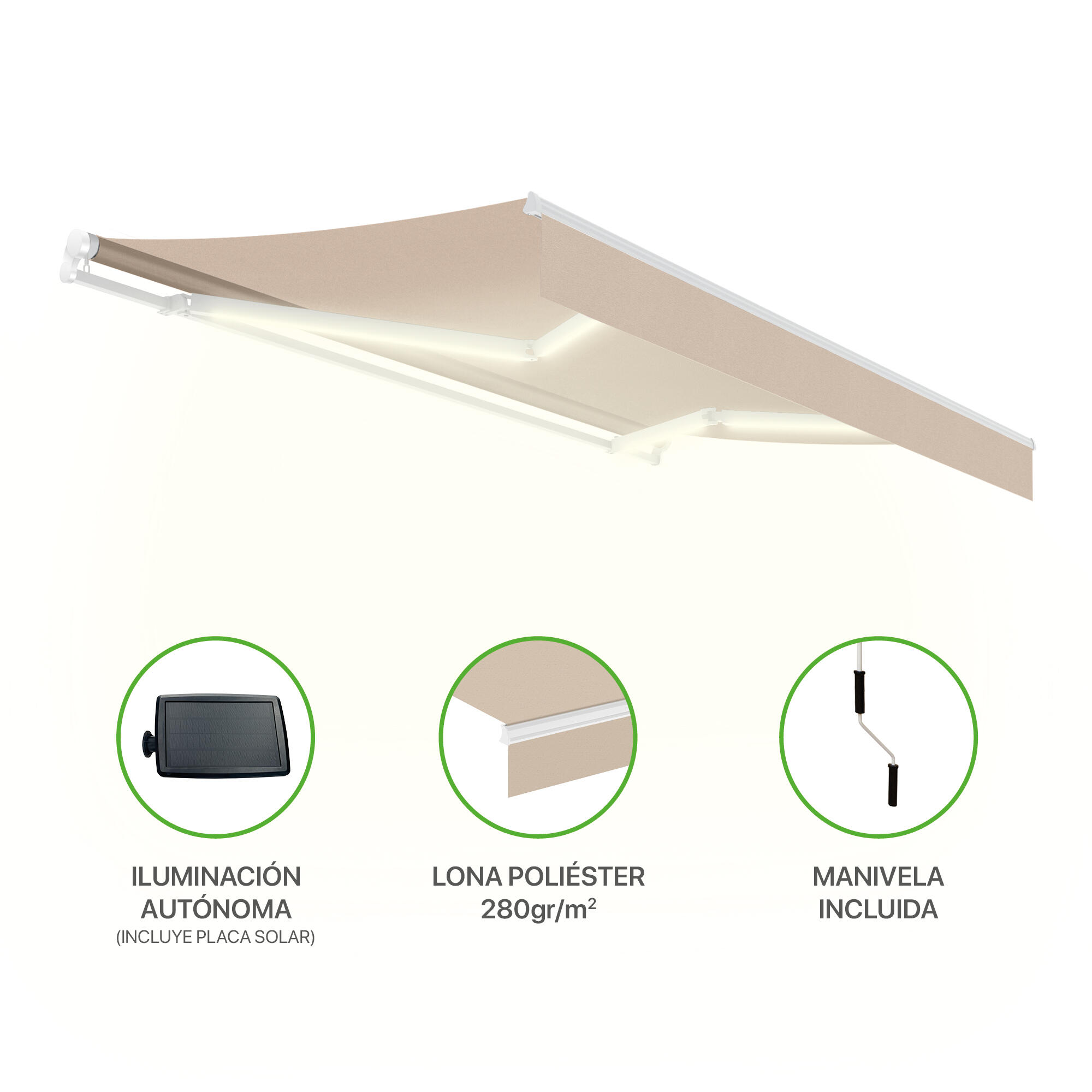 Toldo brazo extensible terraza Oasis manual LED blanco tela beige 4x2.5m - 6