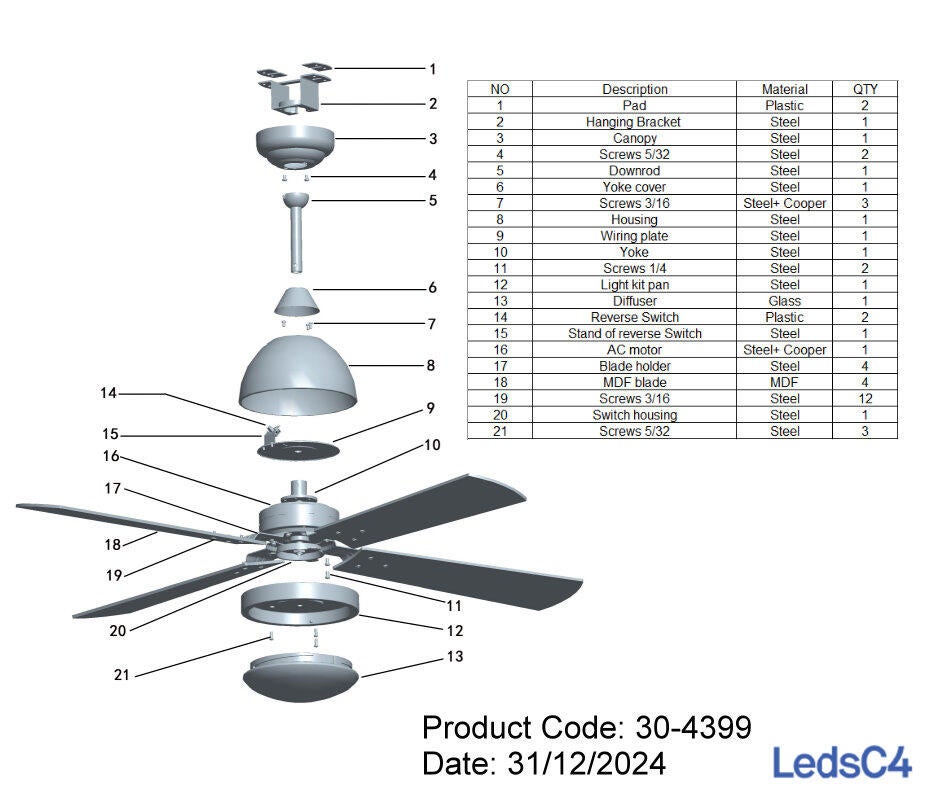 Ventilateur de plafond avec éclairage led, Borneo, D106, FORLIGHT, blanc - 3