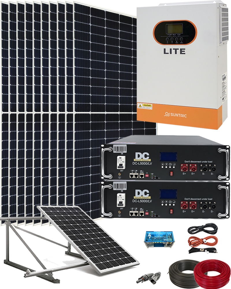 Kit solar aislada 5500w y 2 baterías de litio 10 kwh con estructura inclinada