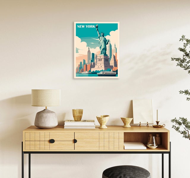 Pintura impresa sin marco Urban city rectangular de 40 x 50 cm. MDF Ciudad Retro Nueva York monumento pasteles cálidos