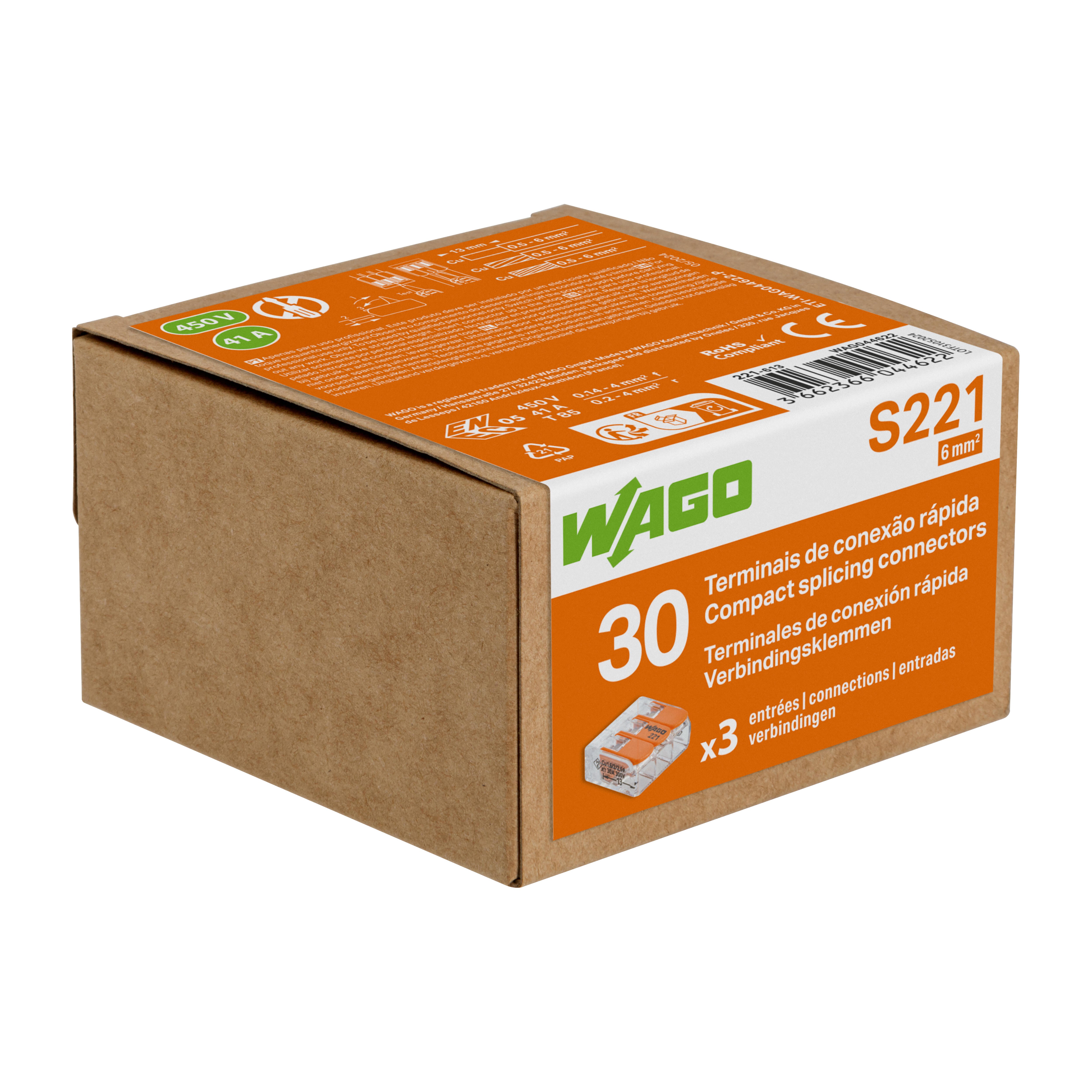 CONECTOR 3 ENTRADAS 0,5-6MM2 WAGO S221 30UDS - 3