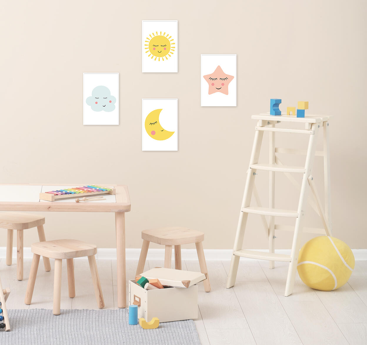 Cuadro pintura impresa enmarcada Infantil rectangular de 21 x 31 cm. MDF G Luna amarillo. Marco color Blanco - 7