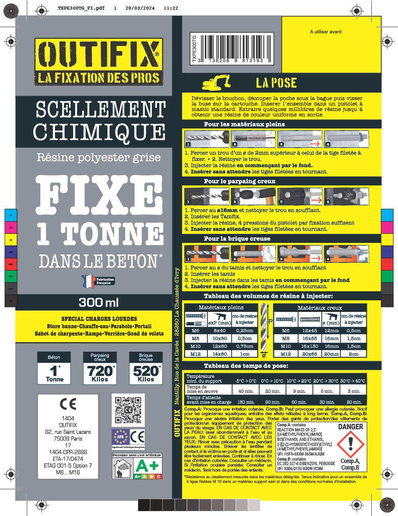 Cartouche de scellement chimique gris 300ml + buses  - OUTIFIX - 3
