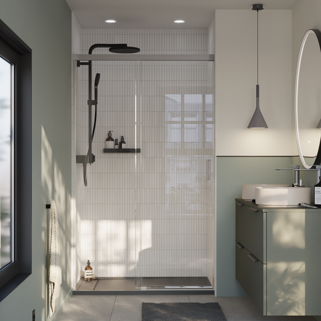 Porte de douche coulissante 2 panneaux vitrage transp chromé bross l.120cm Neo