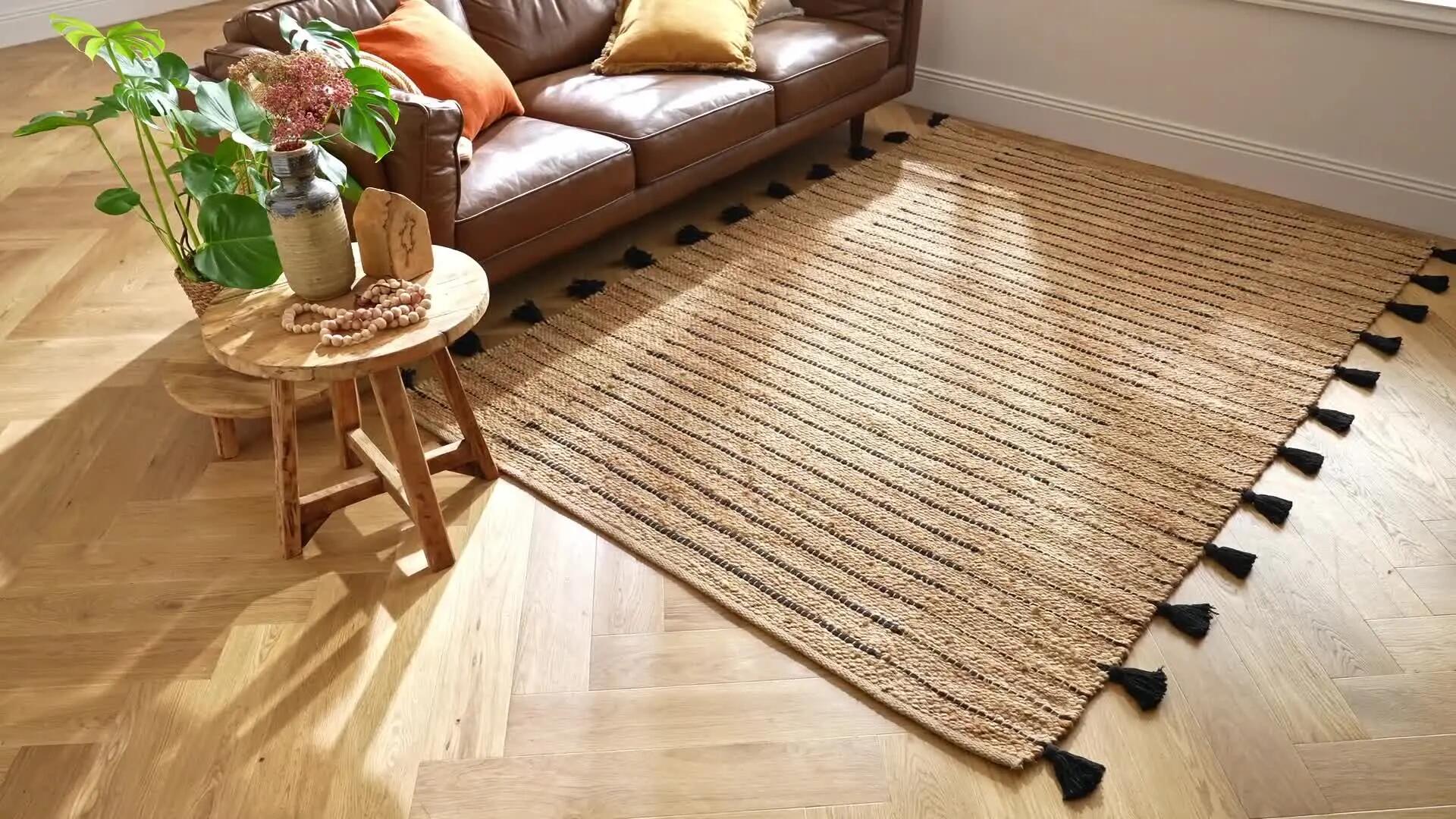 Alfombra pie de cama yute Jimma 60x110cm tejido plano INSPIRE con líneas beige negro - 4