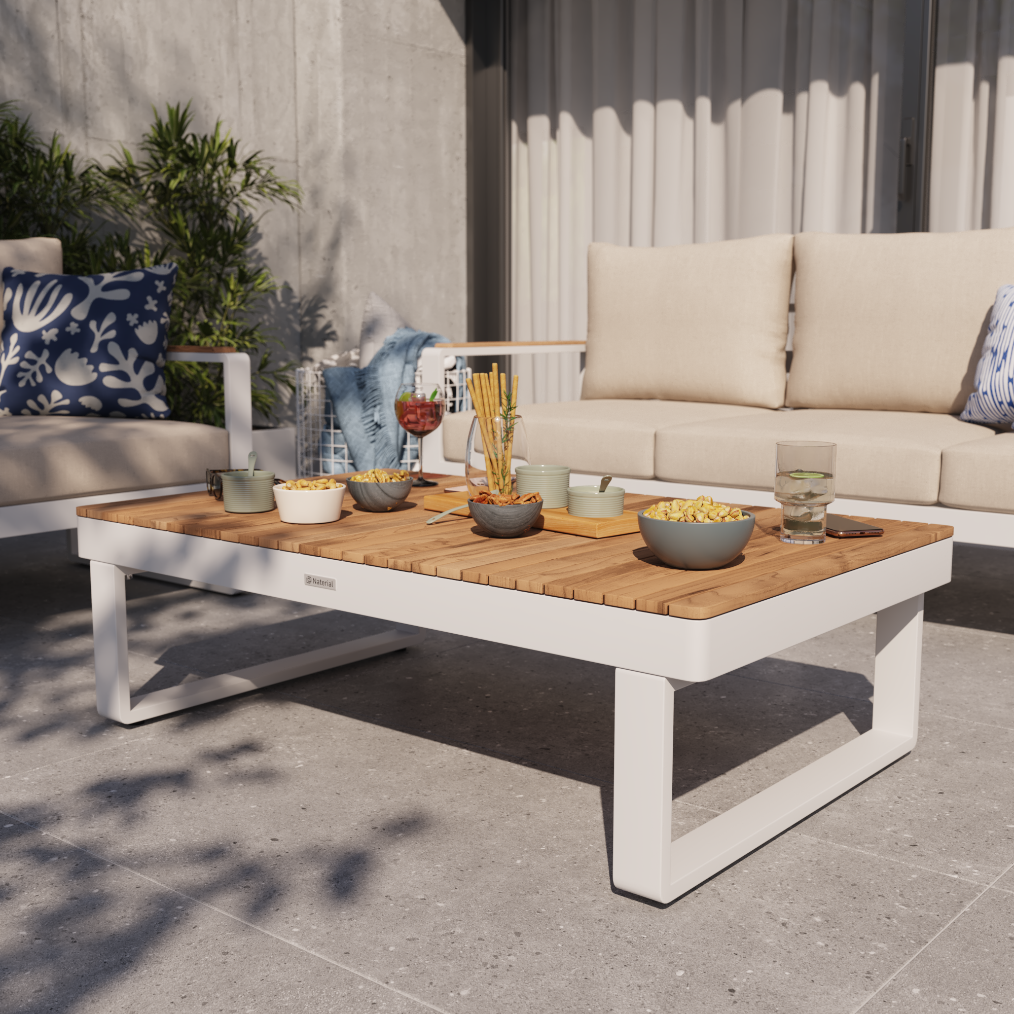 Mesa centro em madeira teca e alumínio 115x70 cm branco Naterial Persea - 6