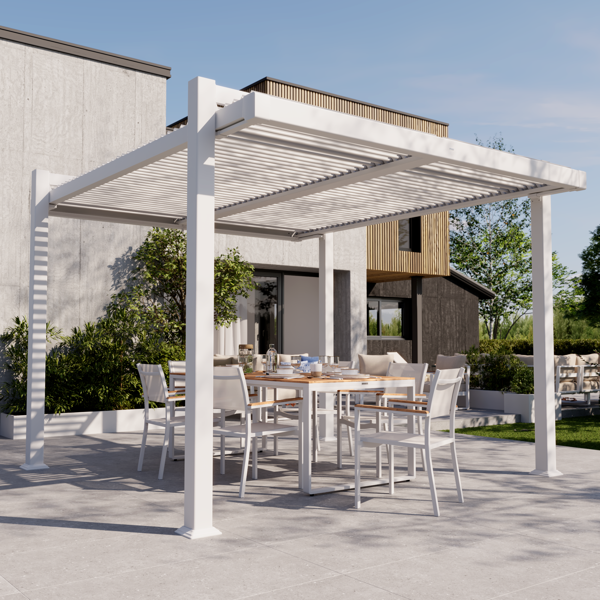 Mesa de jardín de comedor de aluminio  y madera de Teca  Persea de 200x75x100 cm blanca - 12