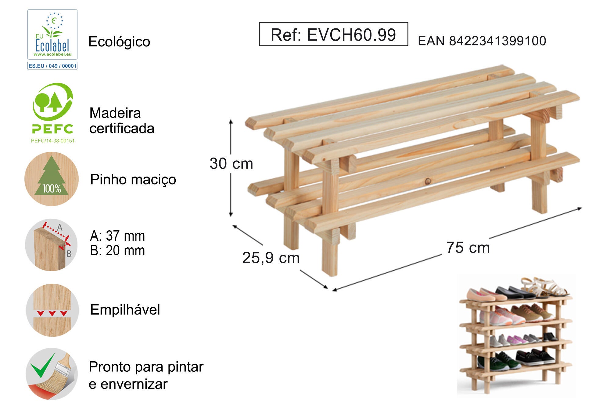 Banco zapatero Evolution para 9 pares color beige 75x30x25.9 cm - 2