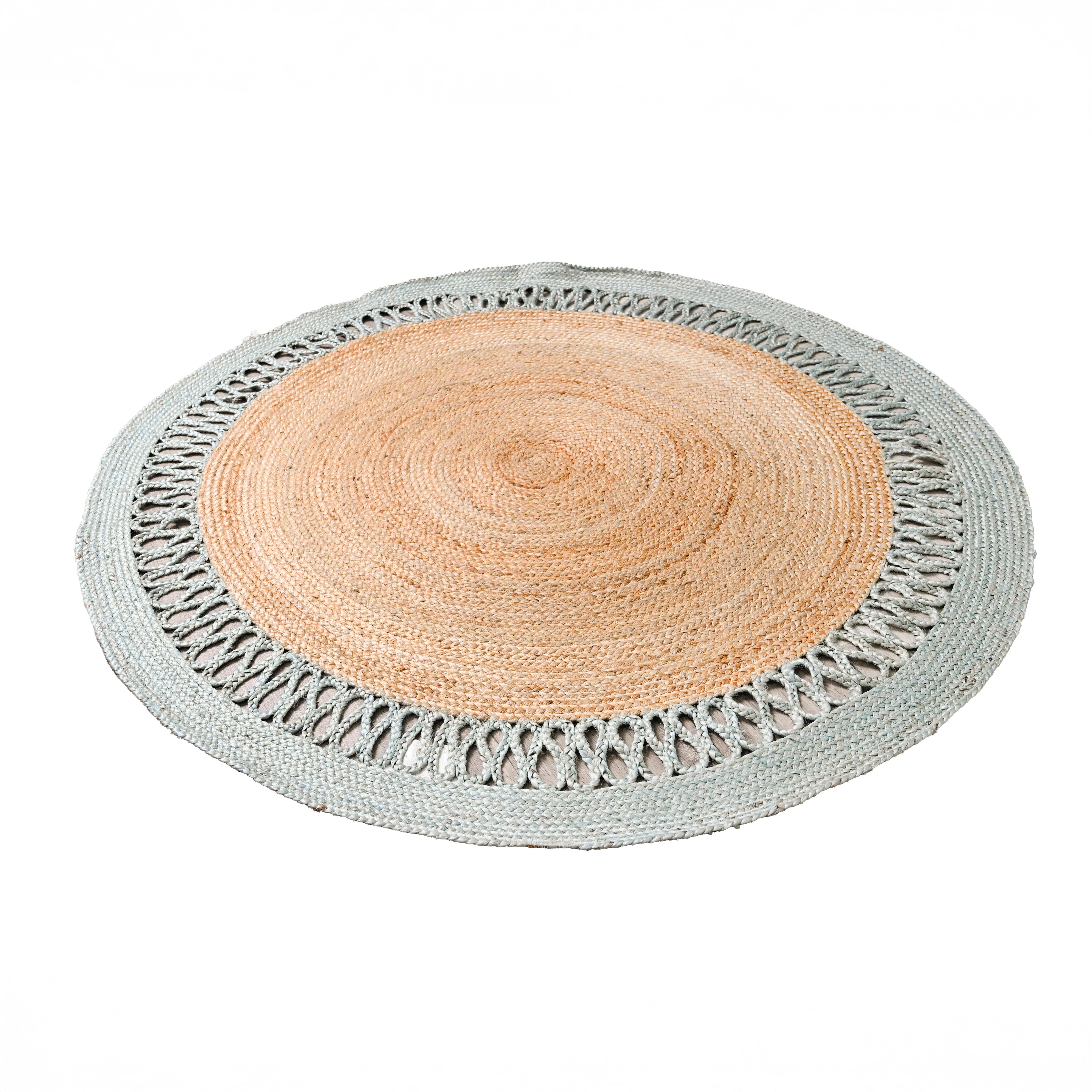 Alfombra yute tejido plano hanoi liso natural y gris verdaceo a contraste redonda 140x140cm