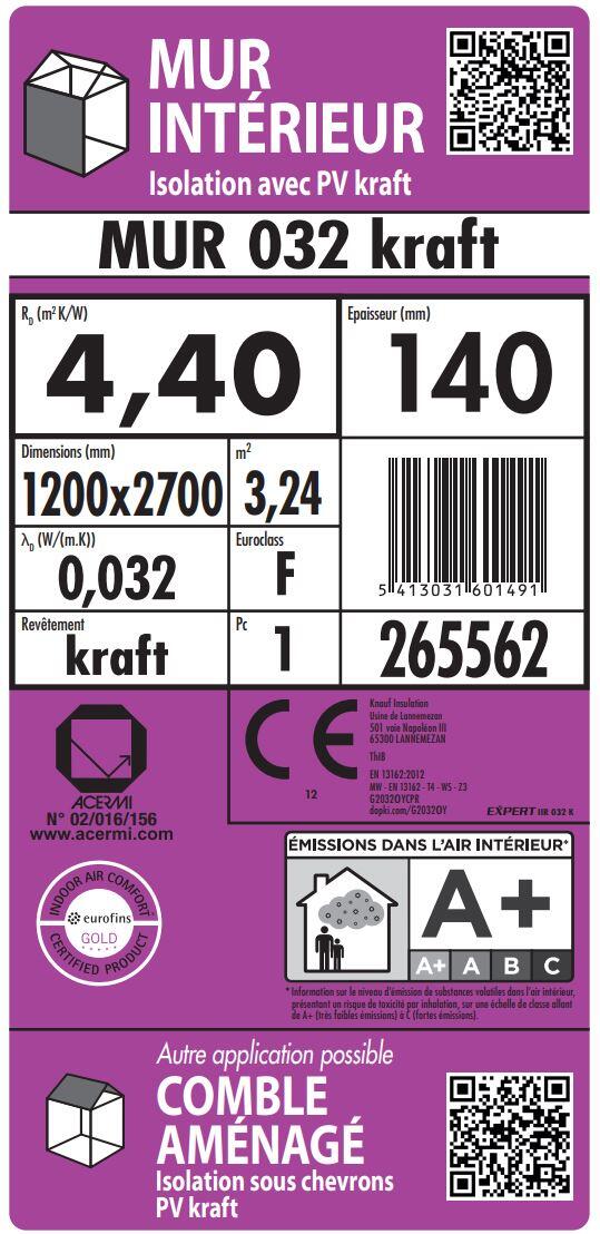 Rouleau de laine de verre roulé semi-rigide kraft TH32, Ep.140mm, 2.7x1.2m pour l'isolation des murs et toitures - KNAUF - 2