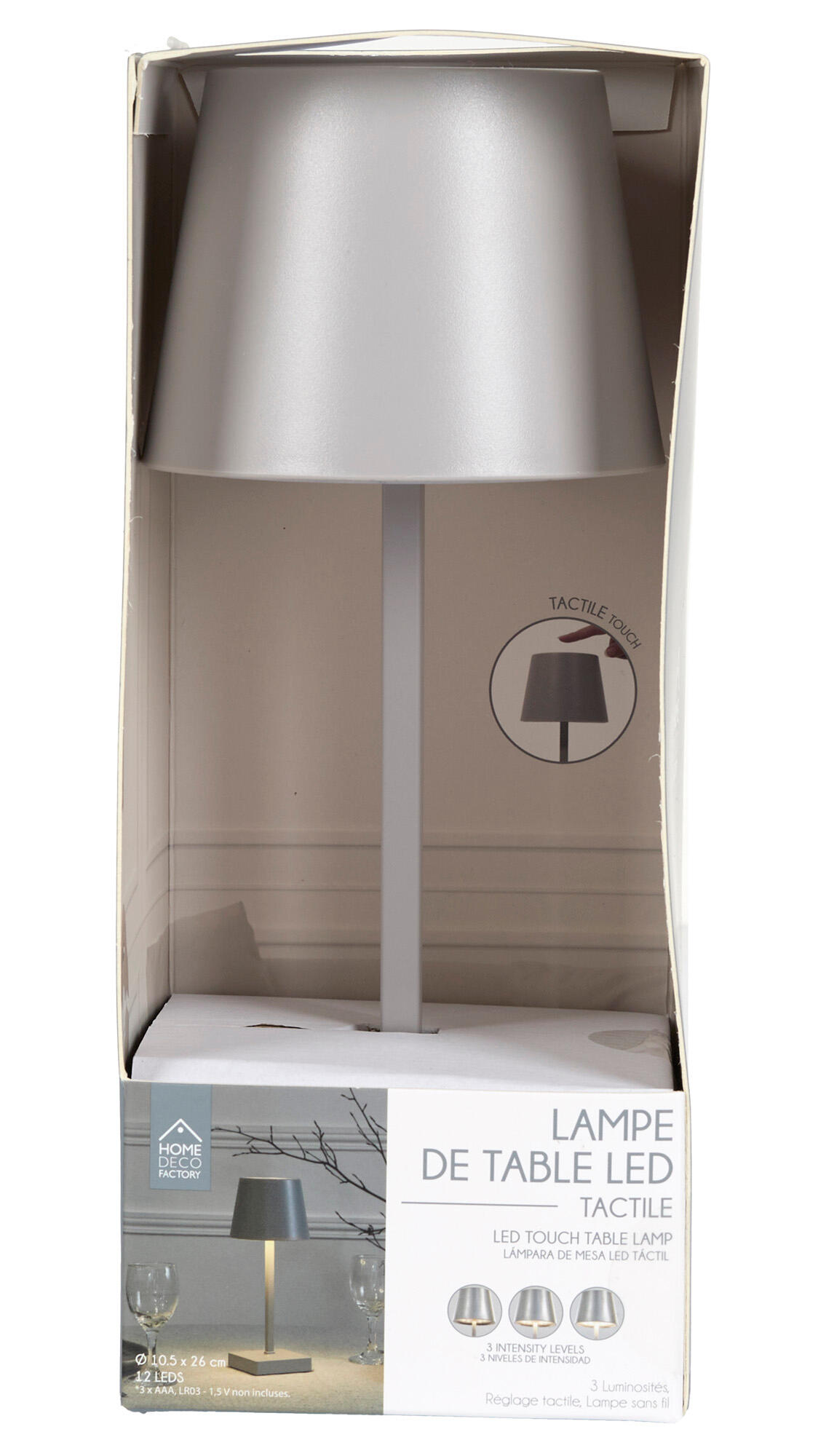 Lámpara de mesa táctil LED con control de la intensidad de la luz THE HOME DECO FACTORY con estructura gris pantalla gris luz cálida 3000K de pilas - 5