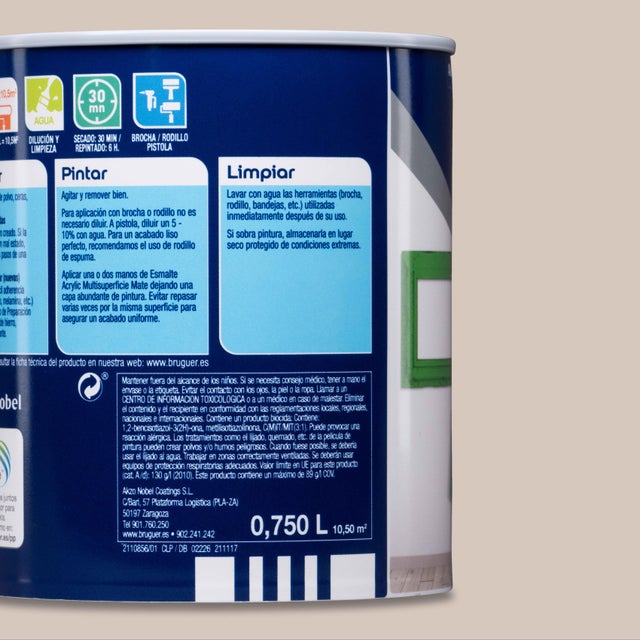 Esmalte de interior Acrylic BRUGUER color piedra suave mate 750ml para puertas, muebles y cerámica