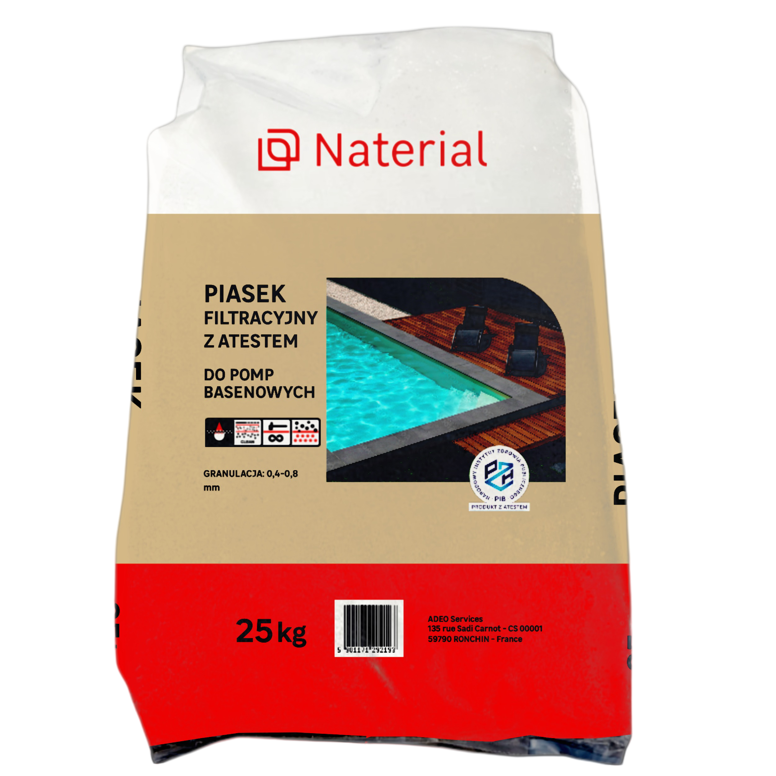 Piasek kwarcowy do filtrów pomp basenowych 25kg Naterial