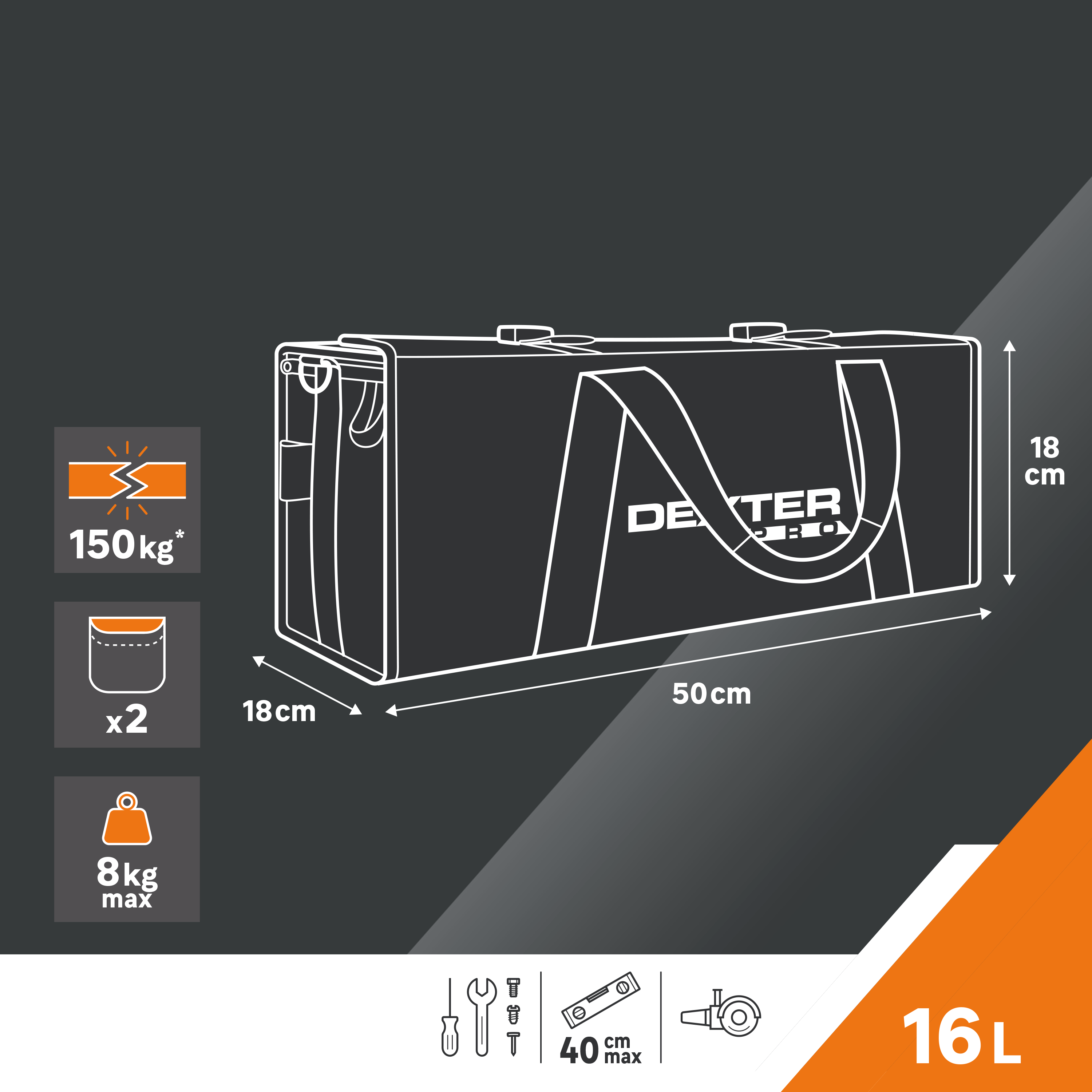 Saco para ferramentas aberto na parte superior 16 litros poliéster 50x18x18 cm Dexter Pro - 2