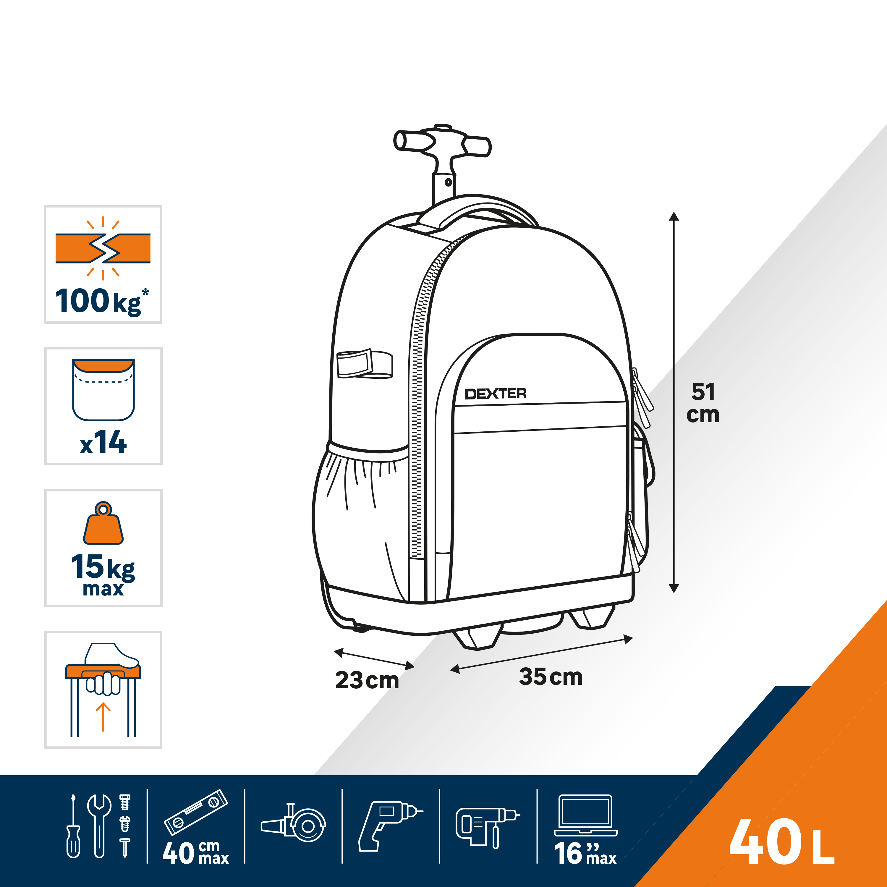 Mochila porta ferramentas trolley 40 litros poliéster 35x51x23 cm Dexter - 9