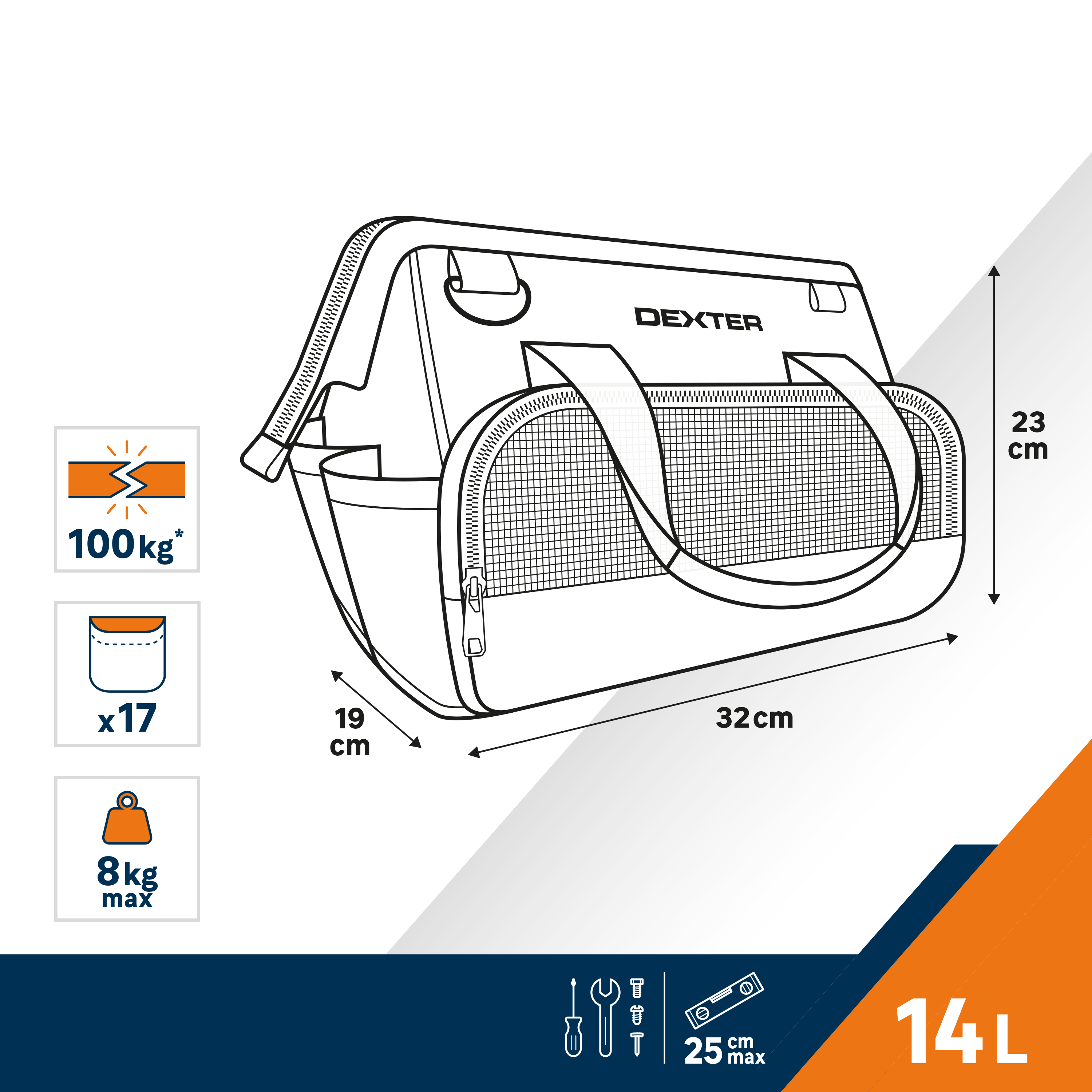 Bolsa para herramientas con correa DEXTER - 14 litros de capacidad y bolsillos - 5