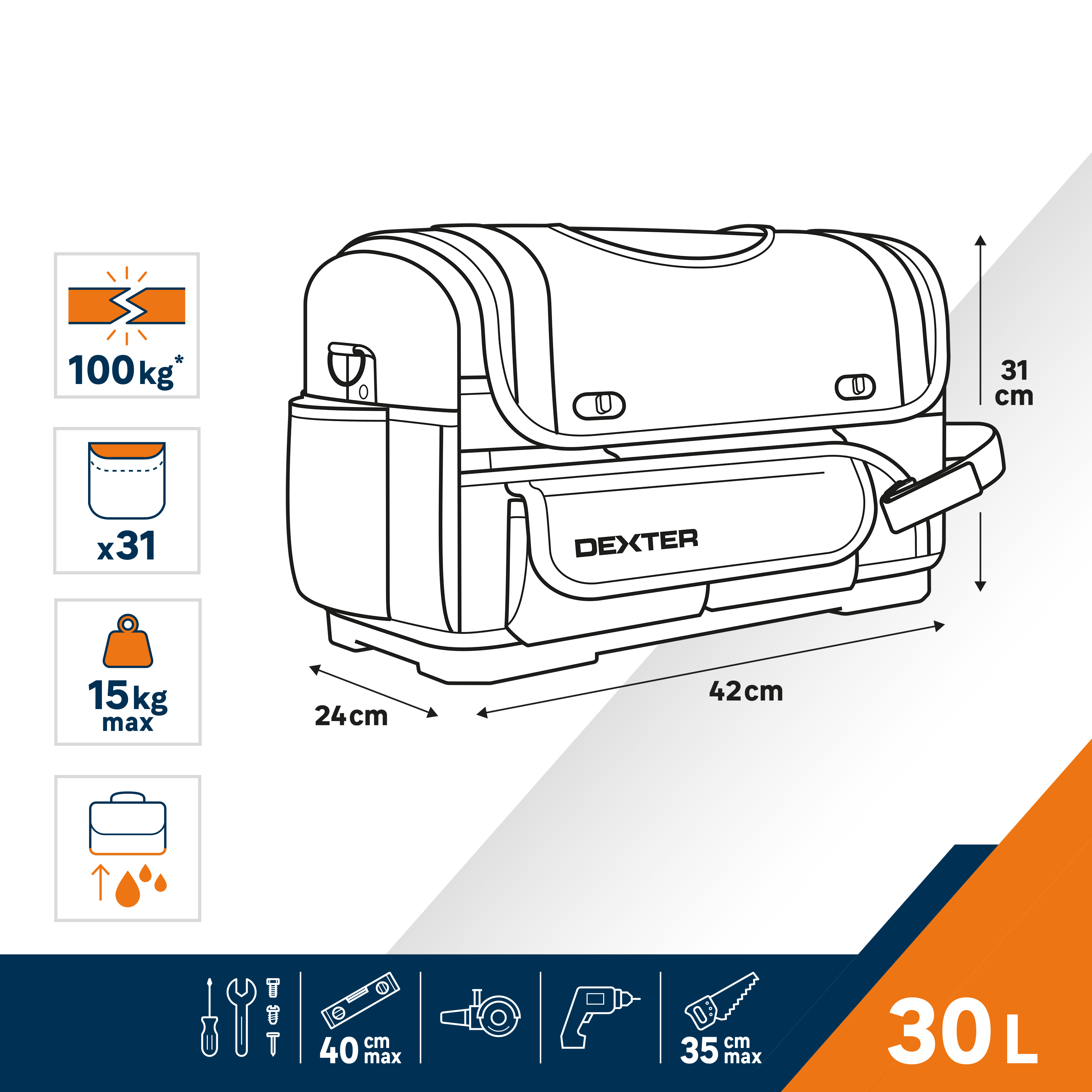 Sac à outils fond rigide, 30l DEXTER - 2