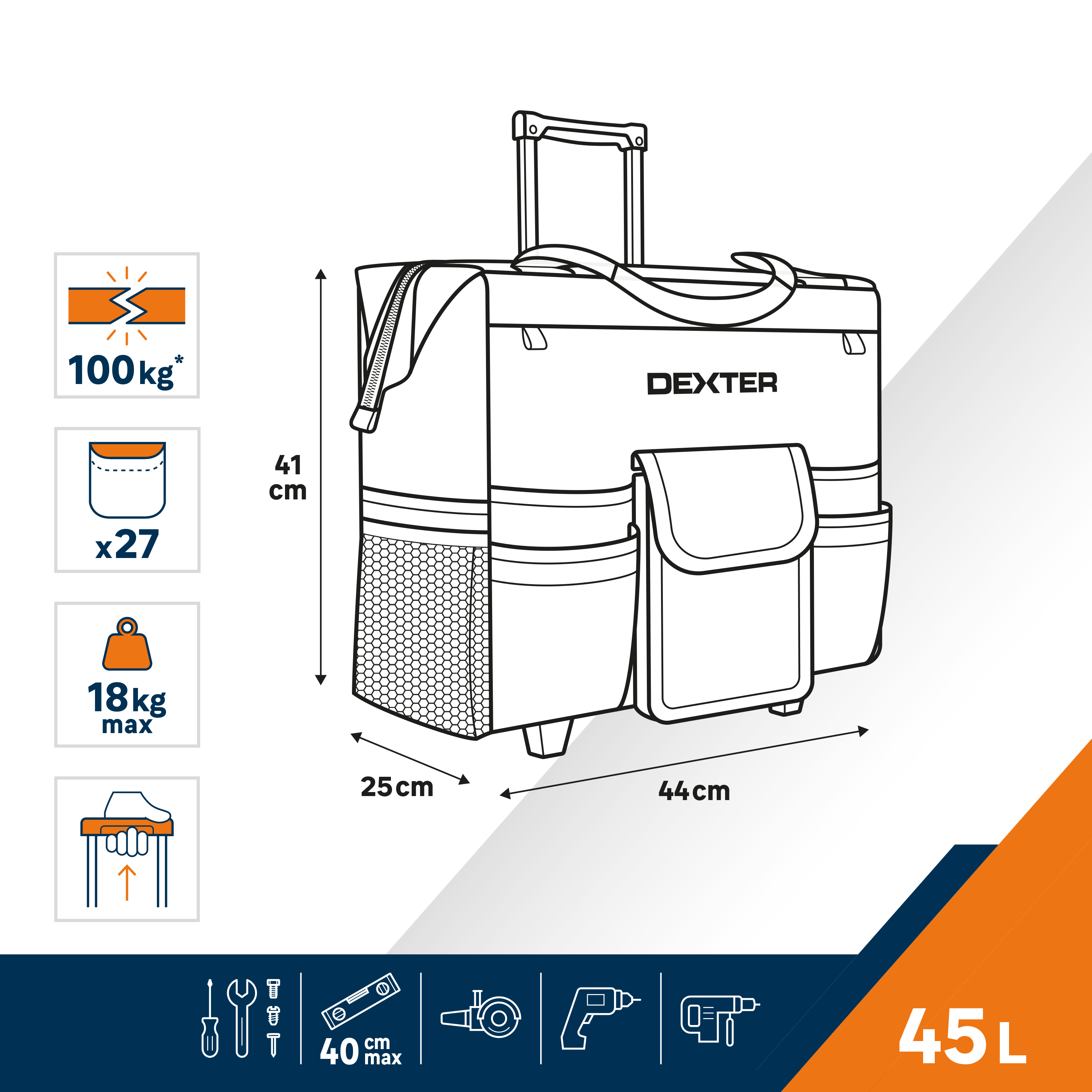 Saco para ferramentas trolley 45 litros poliéster 44x41x25 cm Dexter - 2