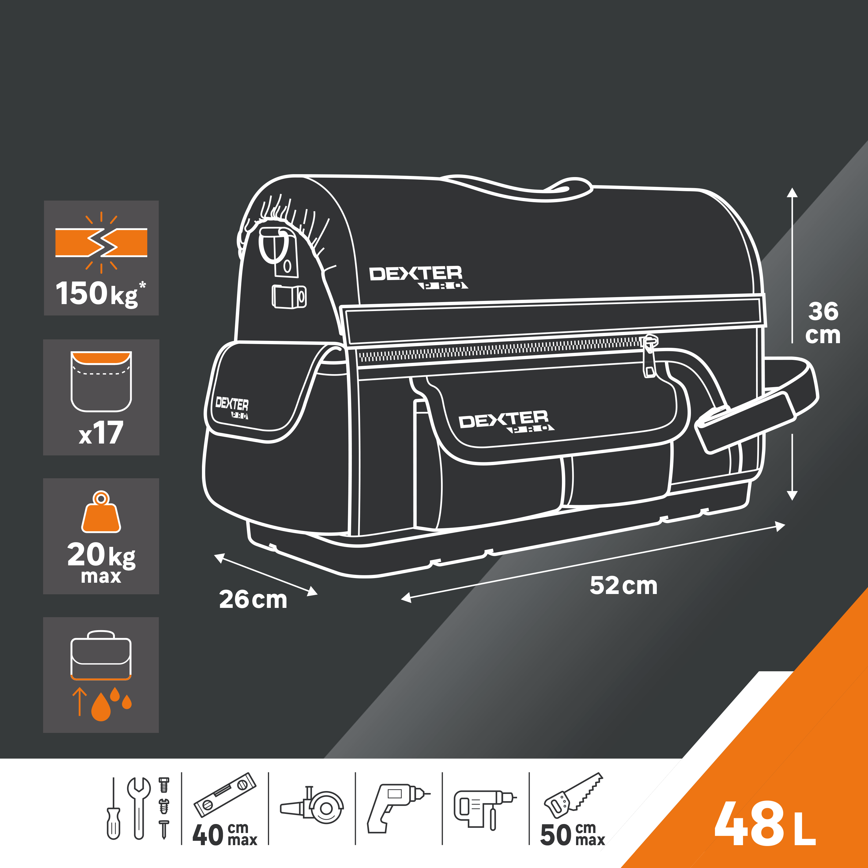 Saco para ferramentas com parte superior removível 48 litros poliéster 52x36x26 cm Dexter Pro - 2