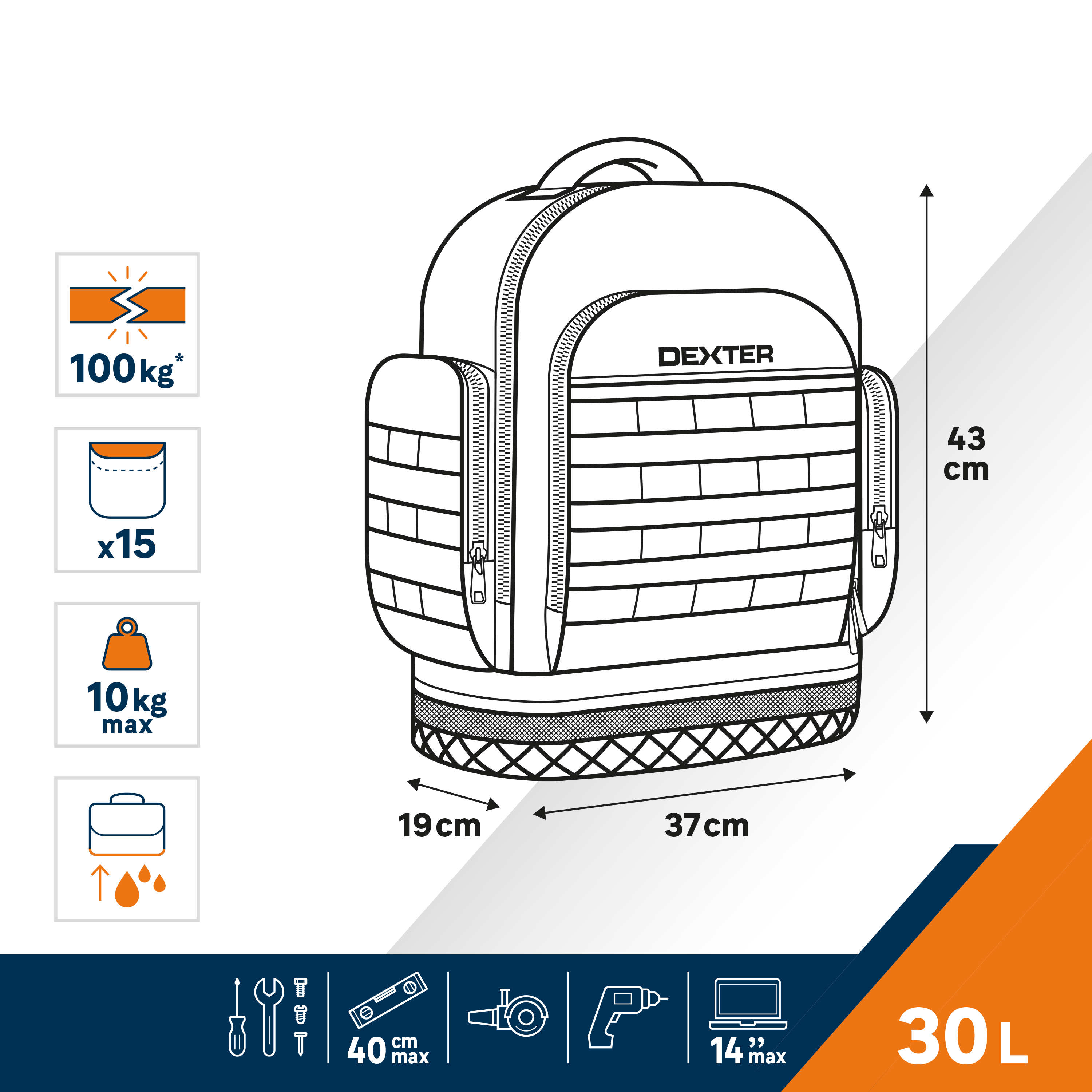 Mochila porta ferramentas 30 litros poliéster 37x43x19 cm Dexter - 2