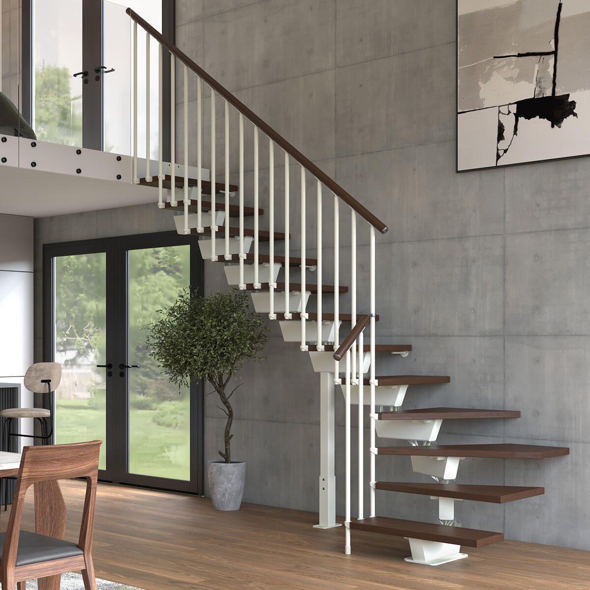 Kit de escalera de 1/4 de giro con 14 peldaños vida de acero y madera color blanco y marrón de 362x75cm
