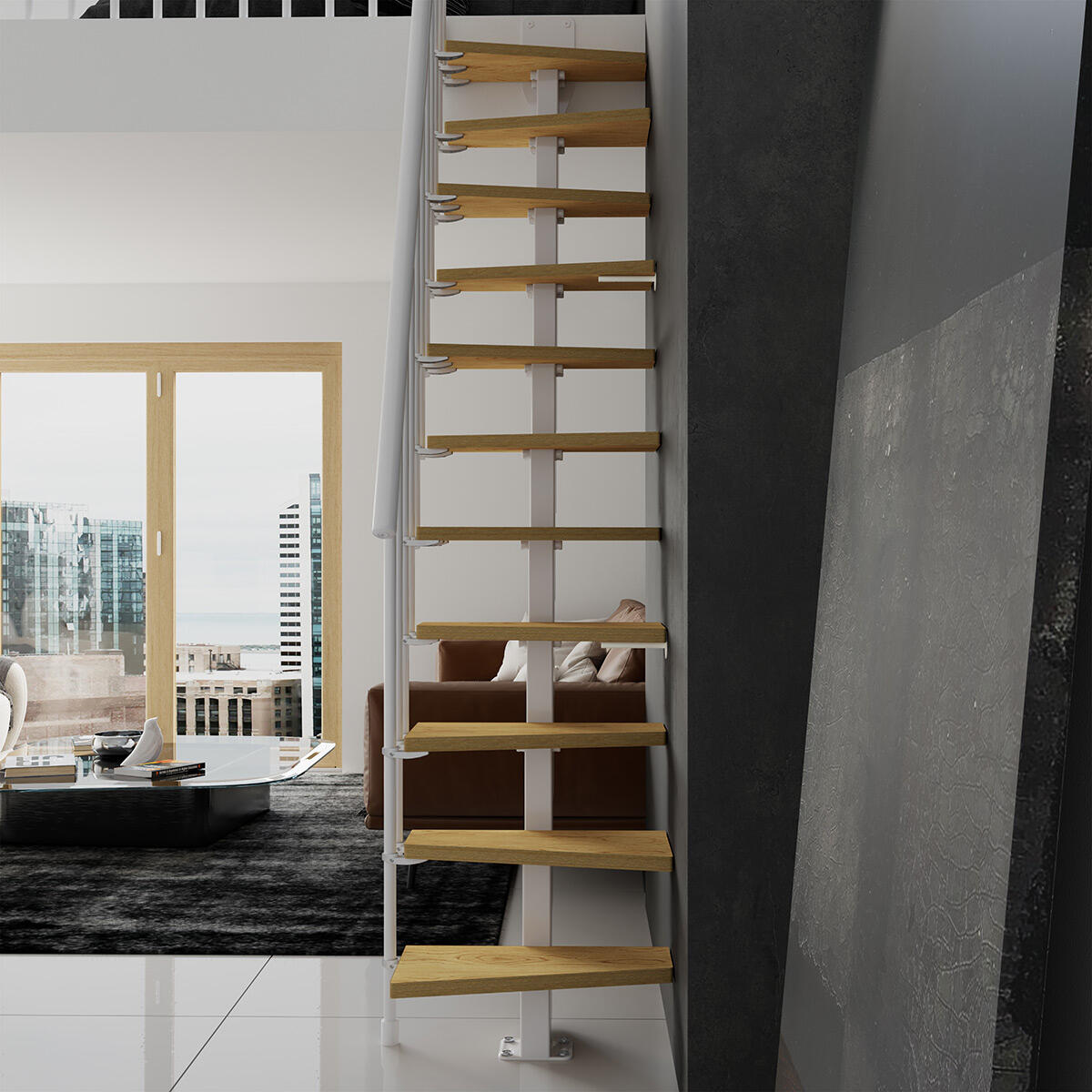 Scala a rampa passo giapponese Saba IRIS, larghezza 60 cm, struttura in acciaio bianco, gradini in legno pino, colore faggio - 5