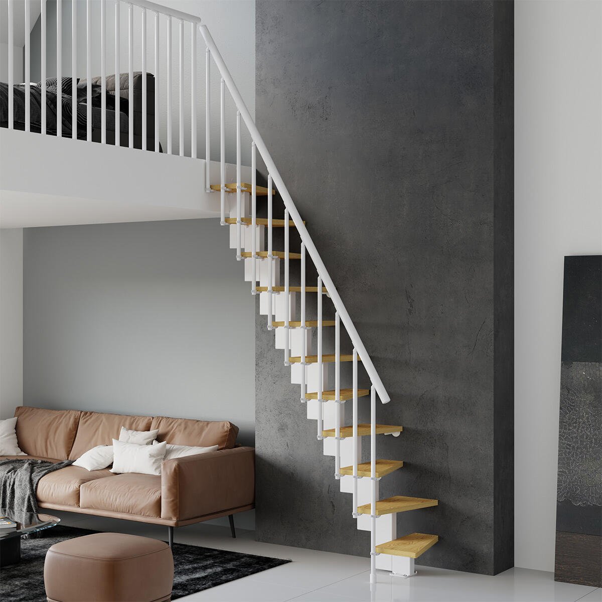 Scala a rampa passo giapponese Saba IRIS, larghezza 60 cm, struttura in acciaio bianco, gradini in legno pino, colore faggio - 2