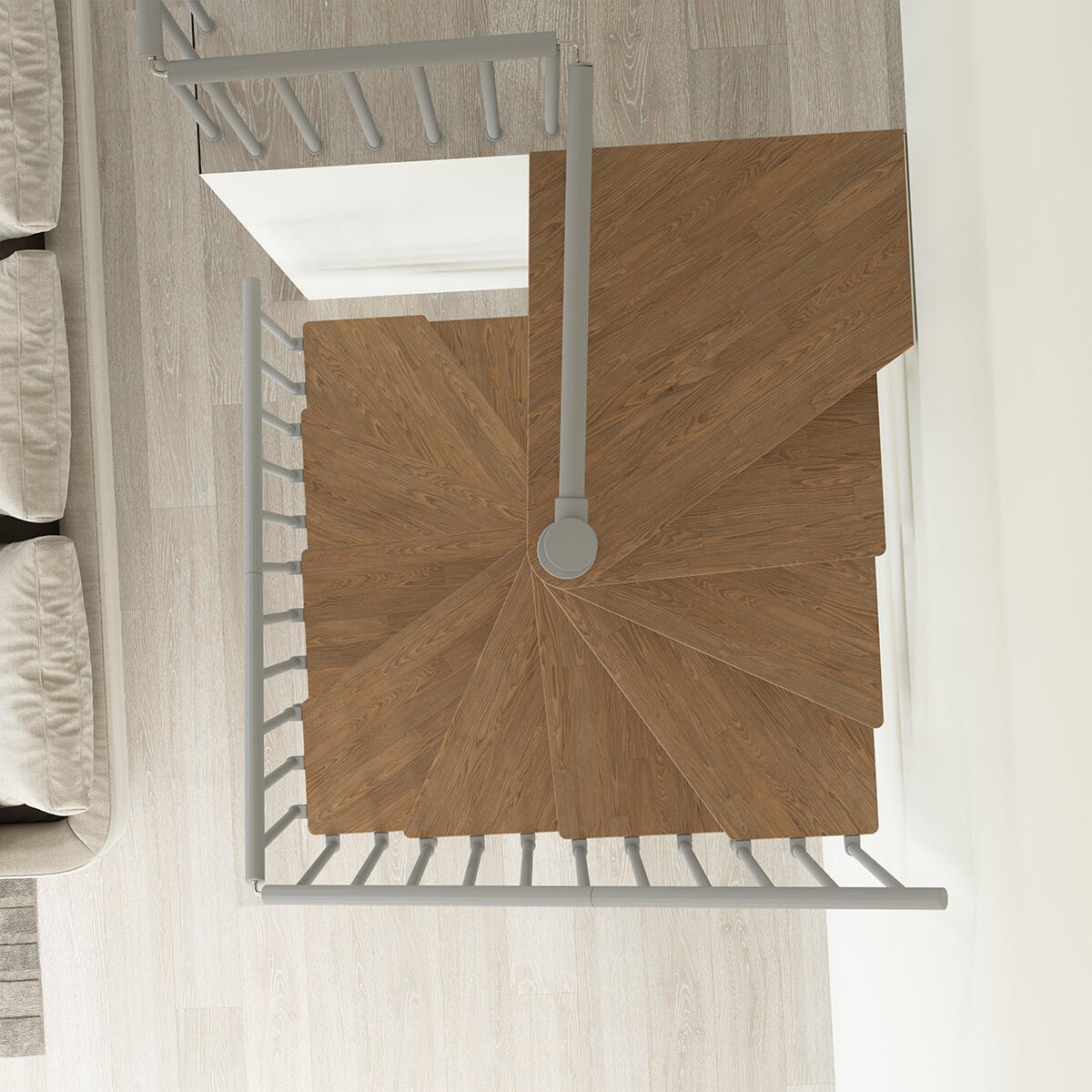 Escalera de caracol cuadrada nara de acero color gris y marrón de 120x312cm