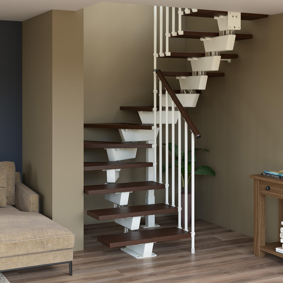 Kit de escalera de 2/4 de giro con 14 peldaños vida de acero y madera color blanco y marrón de 362x65cm