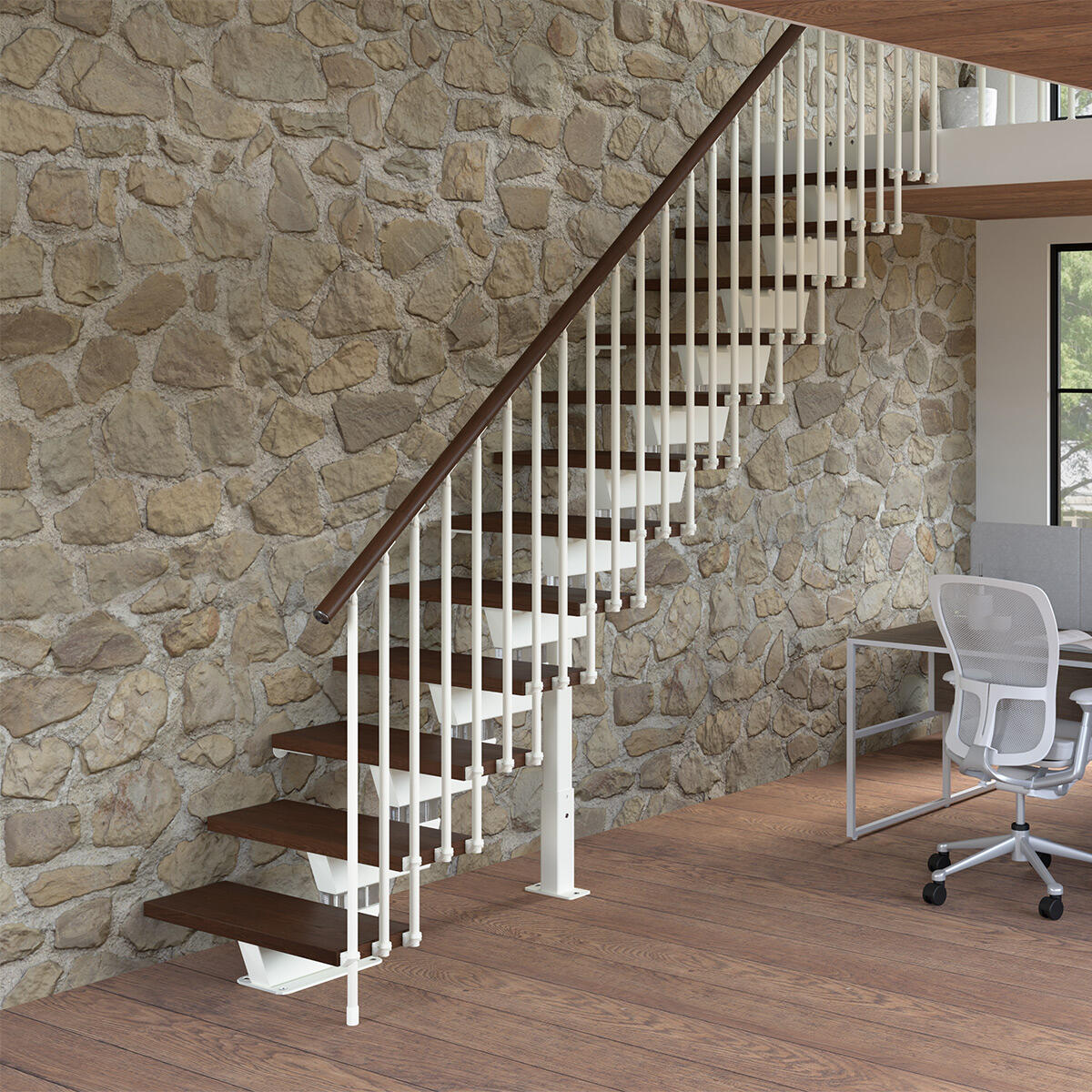 Escalera recta vida de acero y madera color blanco y marrón de 313x95cm
