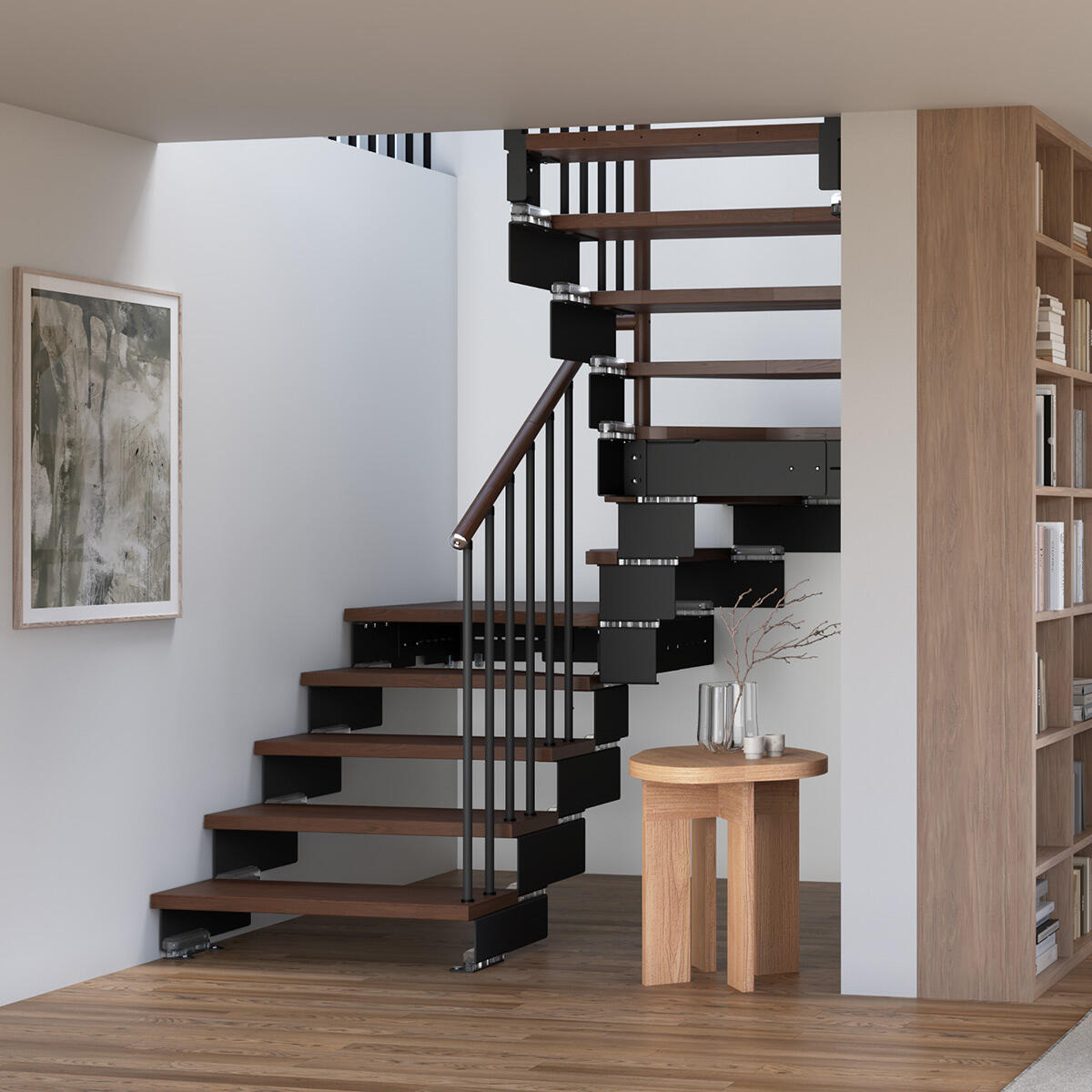 Kit de escalera de 2/4 de giro con 2 peldaños gala de acero y madera color gris y marrón de 367x84cm