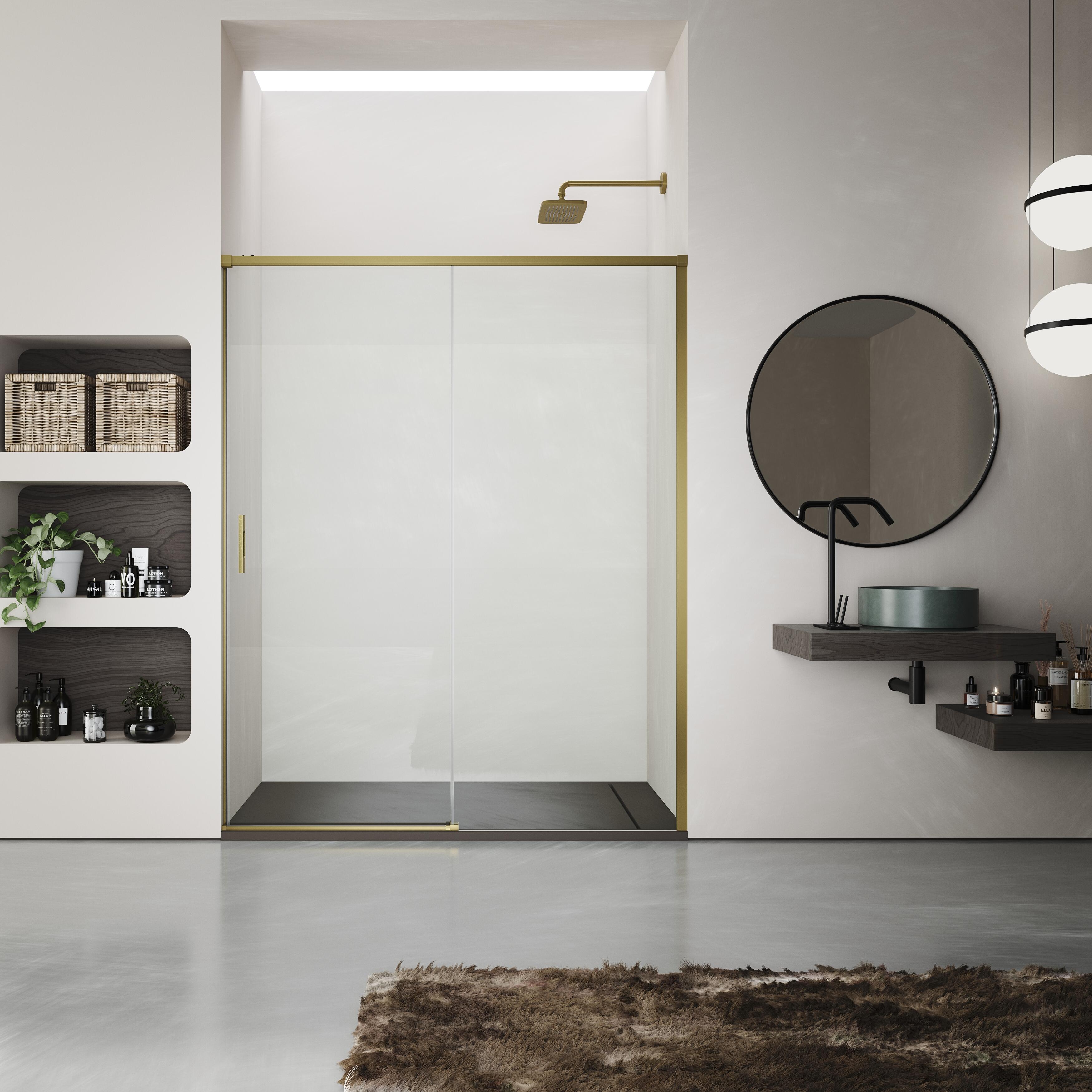 Mampara de ducha frontal 1 fijo + 1 puerta corredera transparente pure perfil aluminio dorado (114-118)x198 cm cristal 6mm cierre magnético sin guía inferior marca glassinox