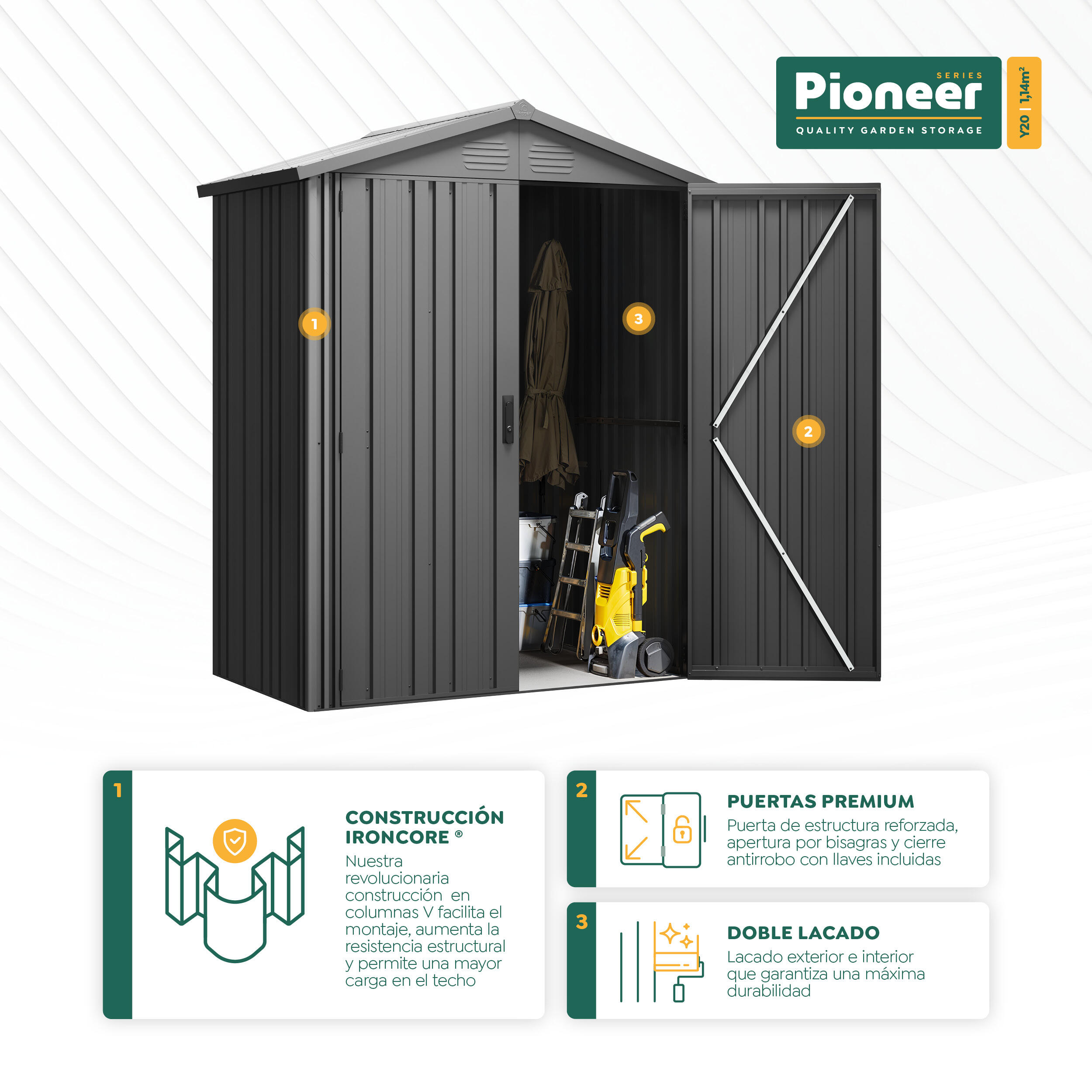 Caseta de metal PIONER Y20 de 168x200x68 cm y 1.14 m2 con 0.6 mm espesor y doble puerta abatible HOGGAR - 9