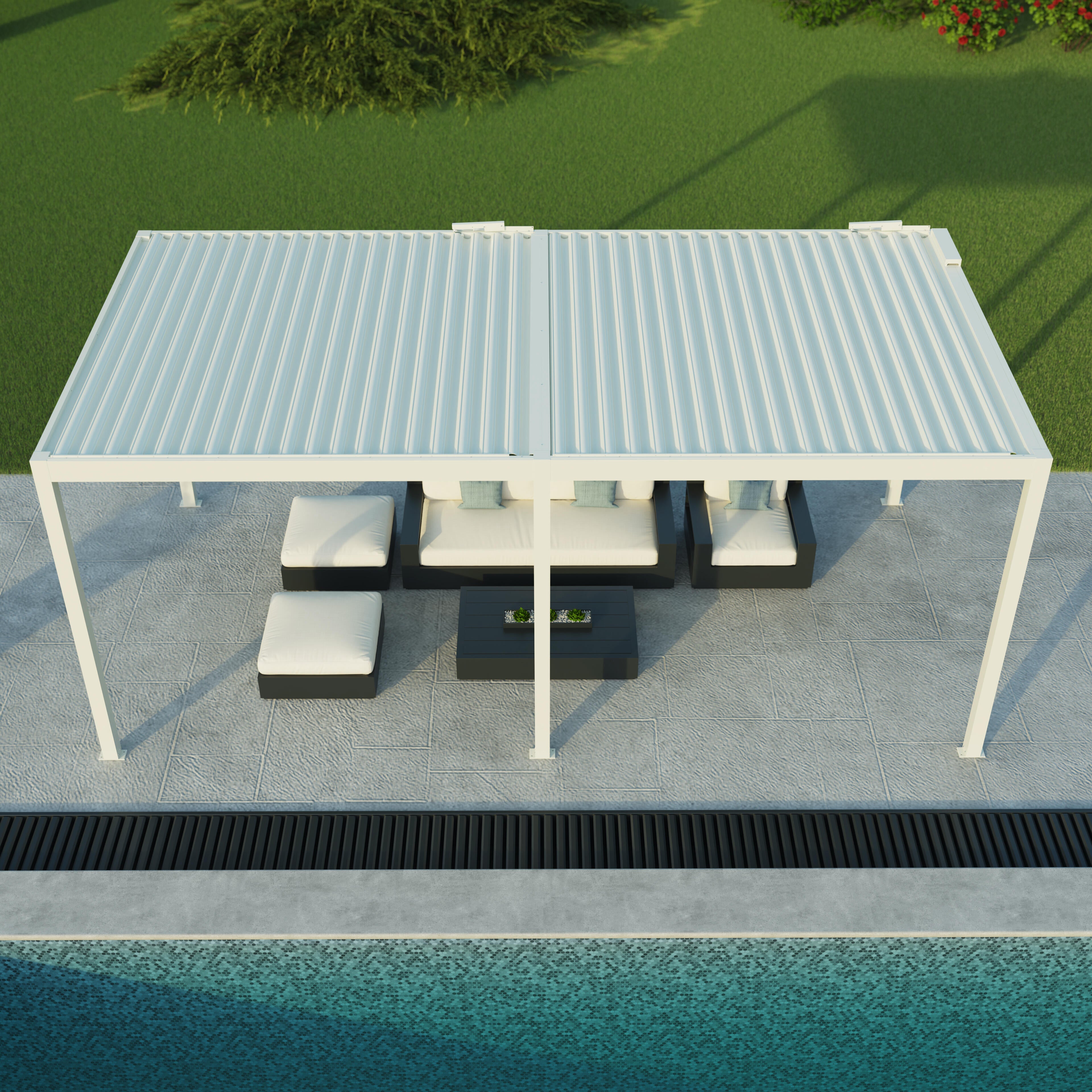 pergola bioclimatica de aluminio tieral caleta blanca y lama blanca de 606 x 308 x 262 cm motorizada con led