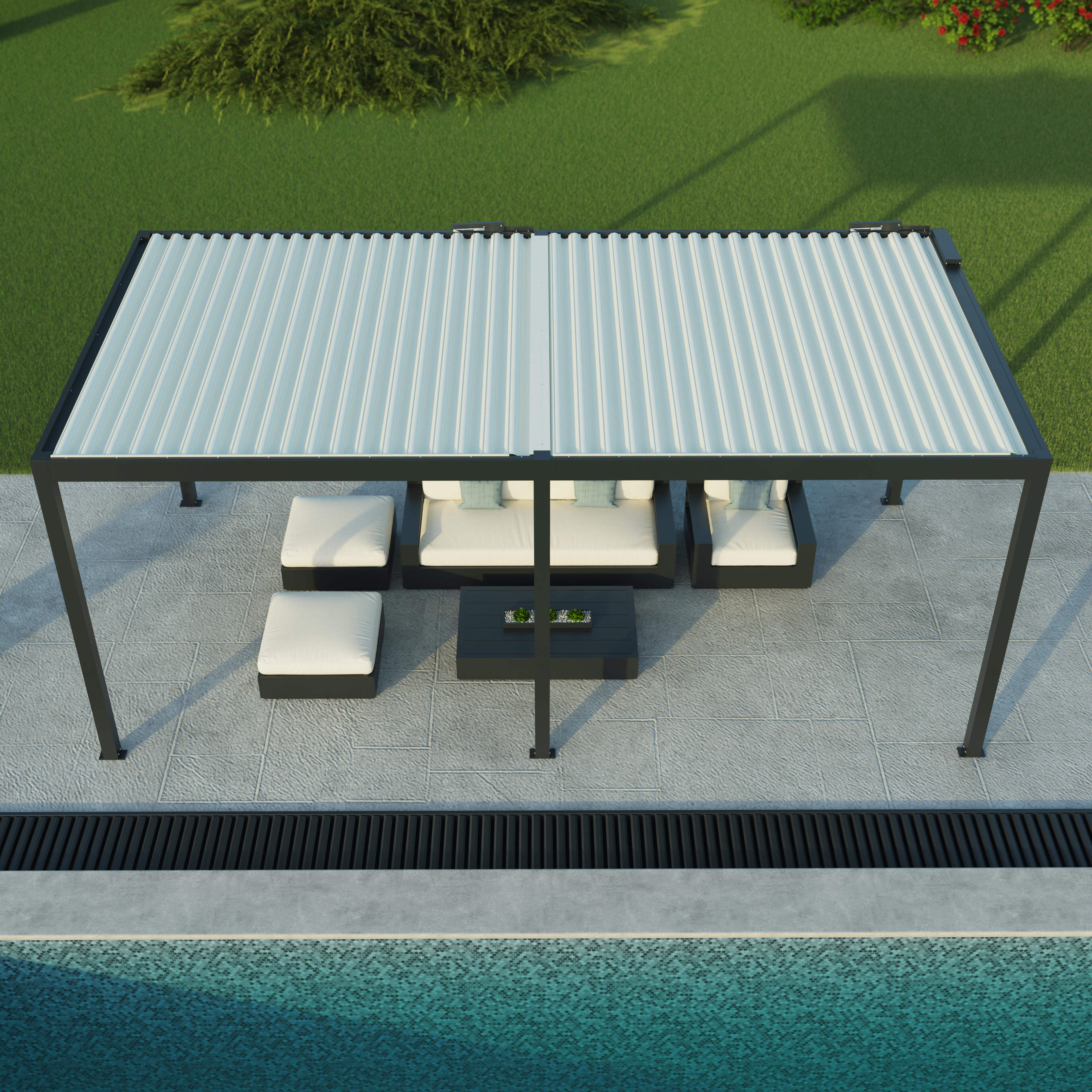 pergola bioclimatica de aluminio tieral caleta gris y lama blanca de 606 x 308 x 250 cm motorizada con led