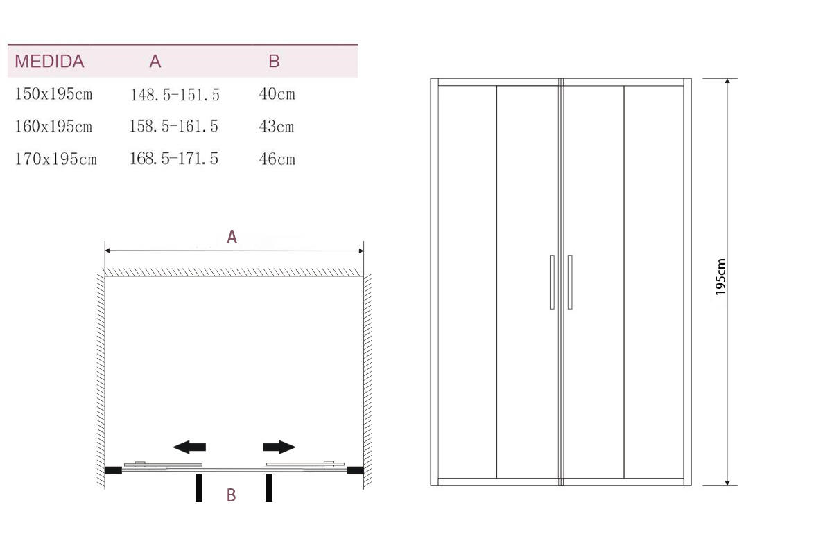 Portas de duche 2 portas de correr e 2 fixas 160x195 cm transparente e cromado Aqua - 4