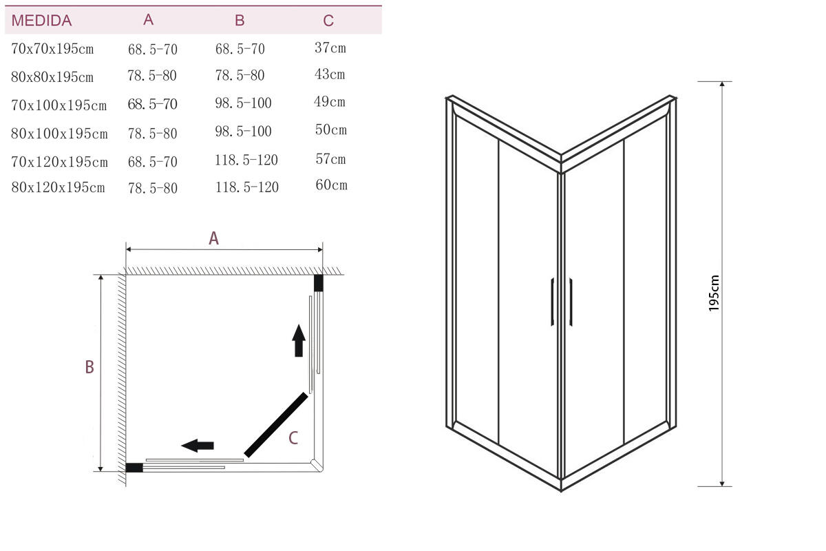 Cabine de duche quadrada 70x70x195 cm perfil preto Aqua - 6