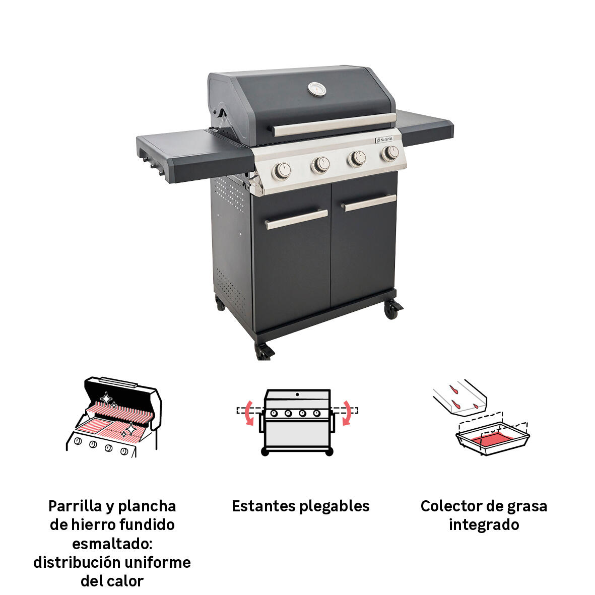 Barbacoa de gas NATERIAL Kenton II de 4 quemadores y 14 kw de potencia recomendado para más de 10 personas - 5