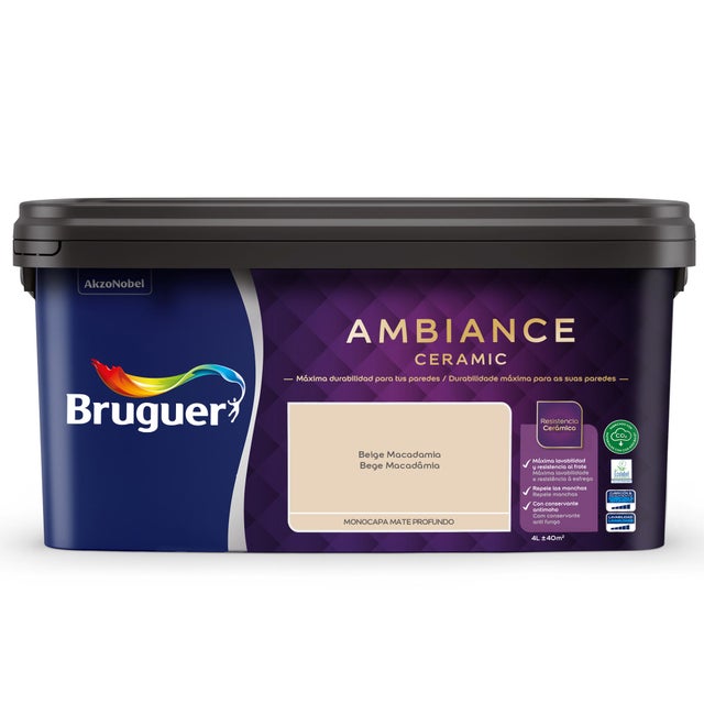 Pintura de interior Ambiance Ceramic BRUGUER color beige macadamia mate profundo 4L para paredes y techos