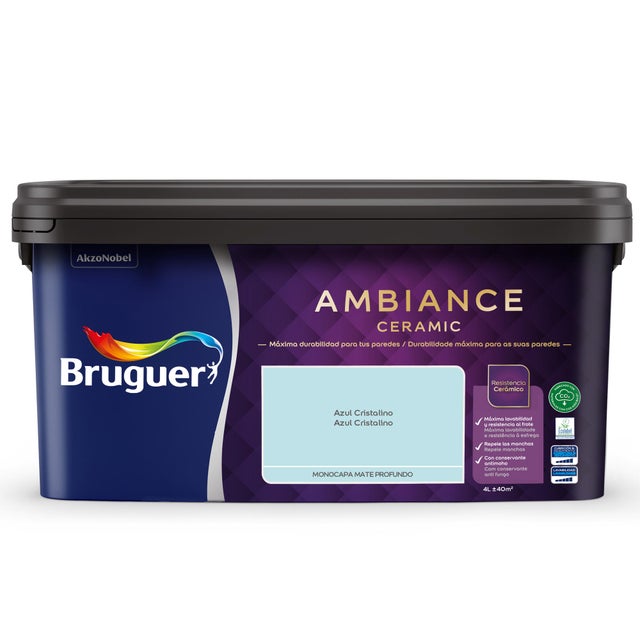 Pintura de interior Ambiance Ceramic BRUGUER color azul cristalino mate profundo 4L para paredes y techos