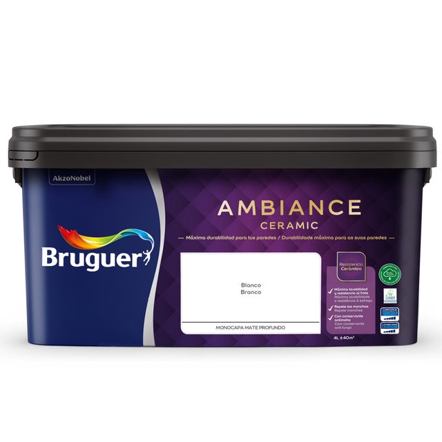Pintura de interior Ambiance Ceramic BRUGUER color blanco mate profundo 4L para paredes y techos