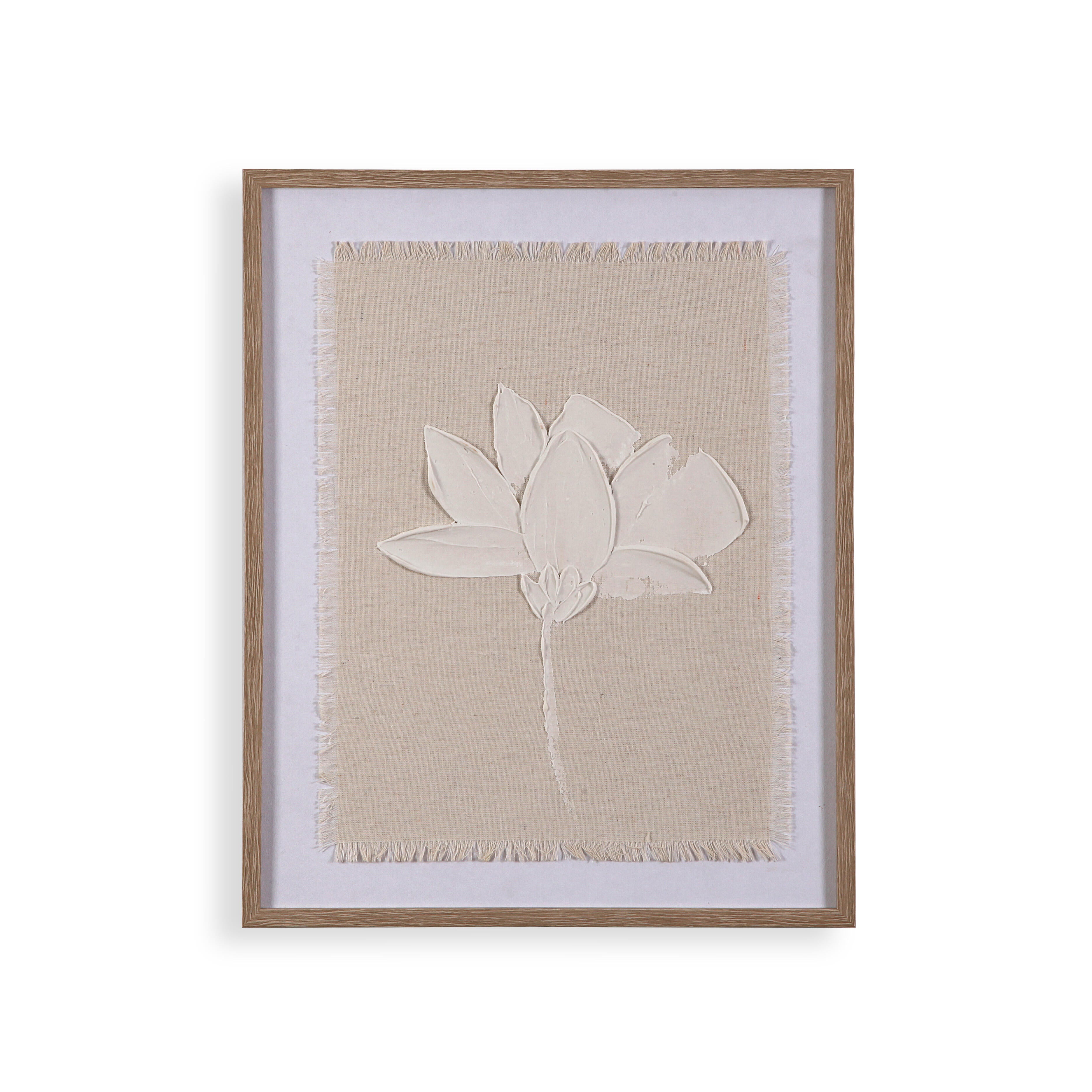 Cuadro pintura impresa enmarcada Botánica rectangular de 45 x 50 cm. Loneta Minimalista floral 3 beige y blanco. Marco color Castaño - 2