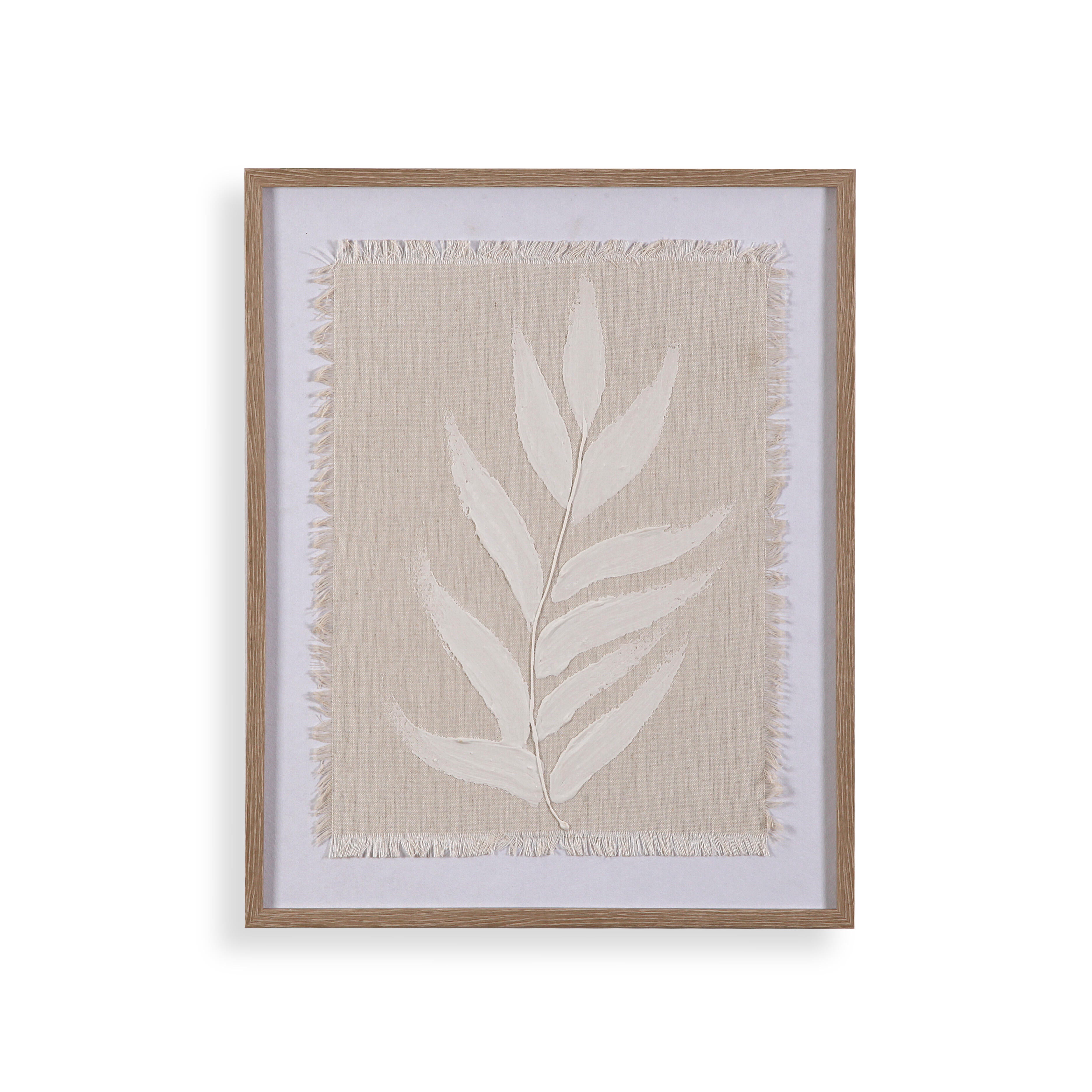 Cuadro pintura impresa enmarcada Botánica rectangular de 45 x 50 cm. Loneta Minimalista floral 1 beige y blanco. Marco color Castaño - 2