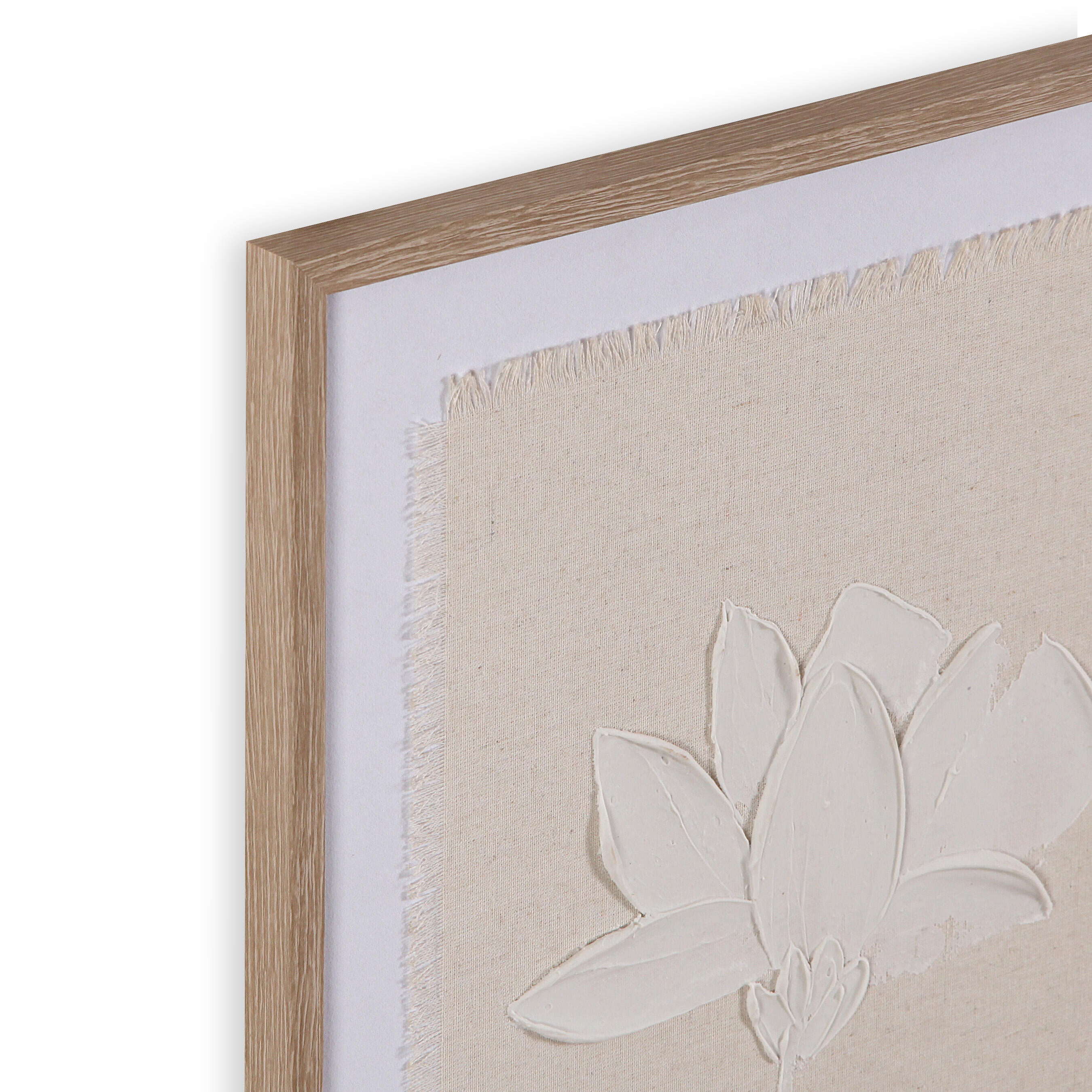 Cuadro pintura impresa enmarcada Botánica rectangular de 45 x 50 cm. Loneta Minimalista floral 3 beige y blanco. Marco color Castaño - 4