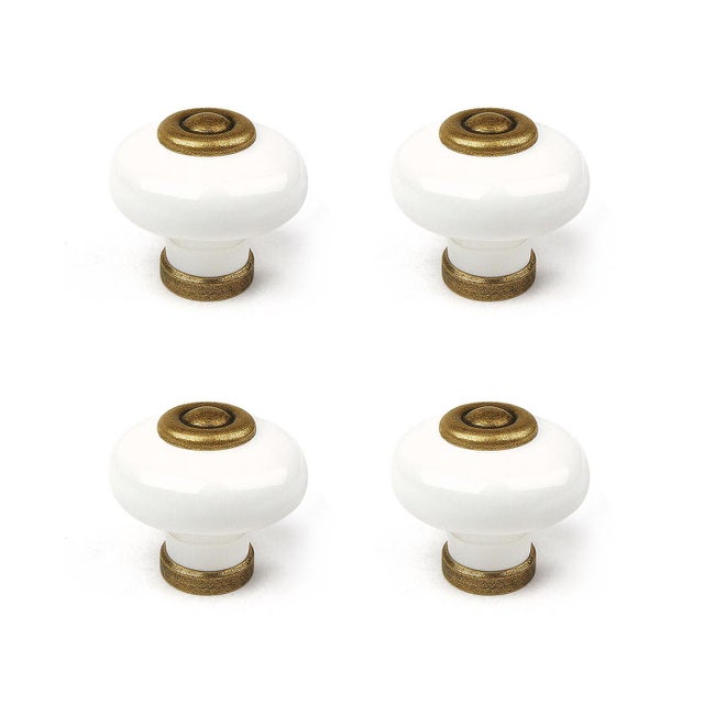 4 boutons de meuble ronds, acier blanc laitonné, Diam.31 mm