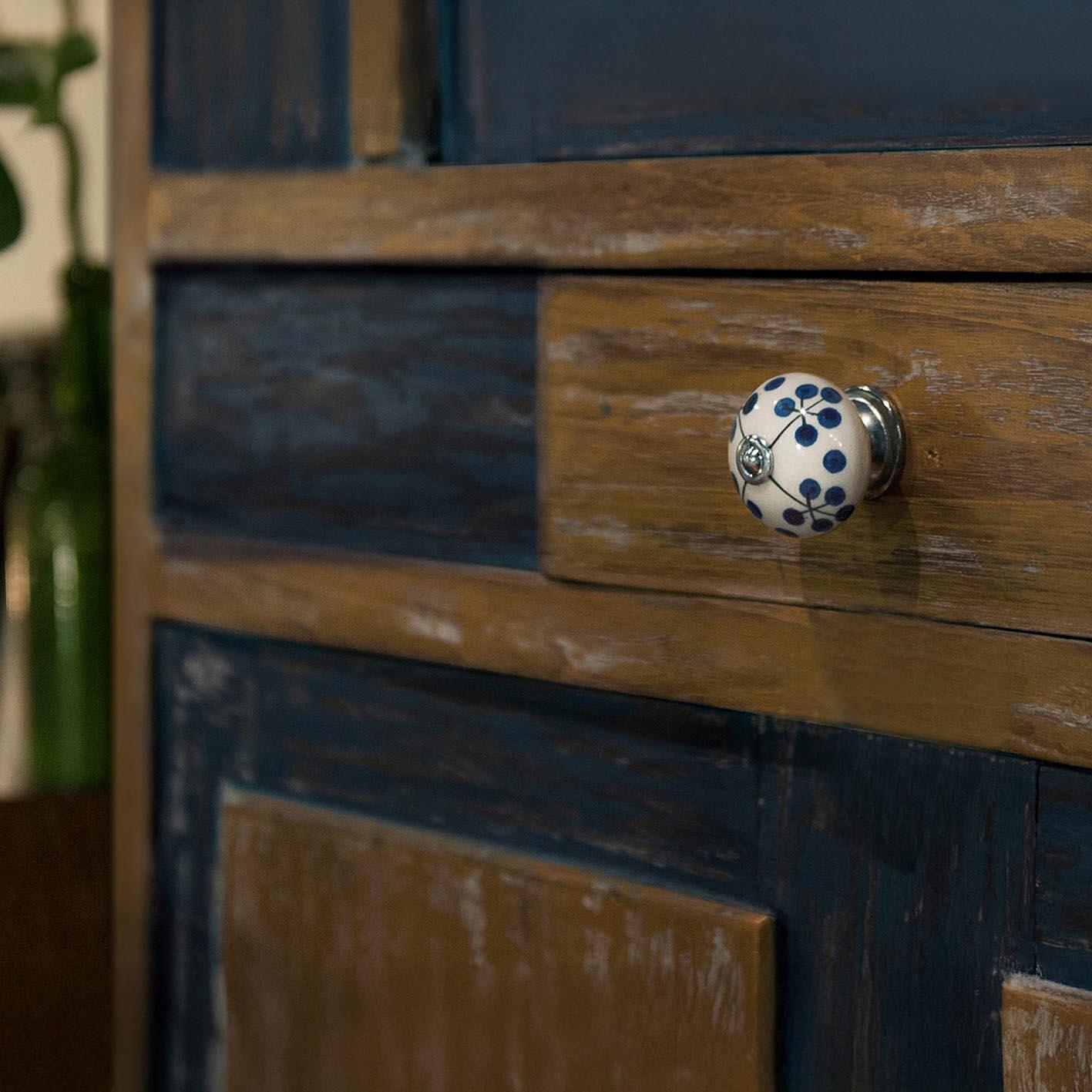 4 boutons de meuble ronds Fleurs, porcelaine bleu verni, Diam.40 mm - 2