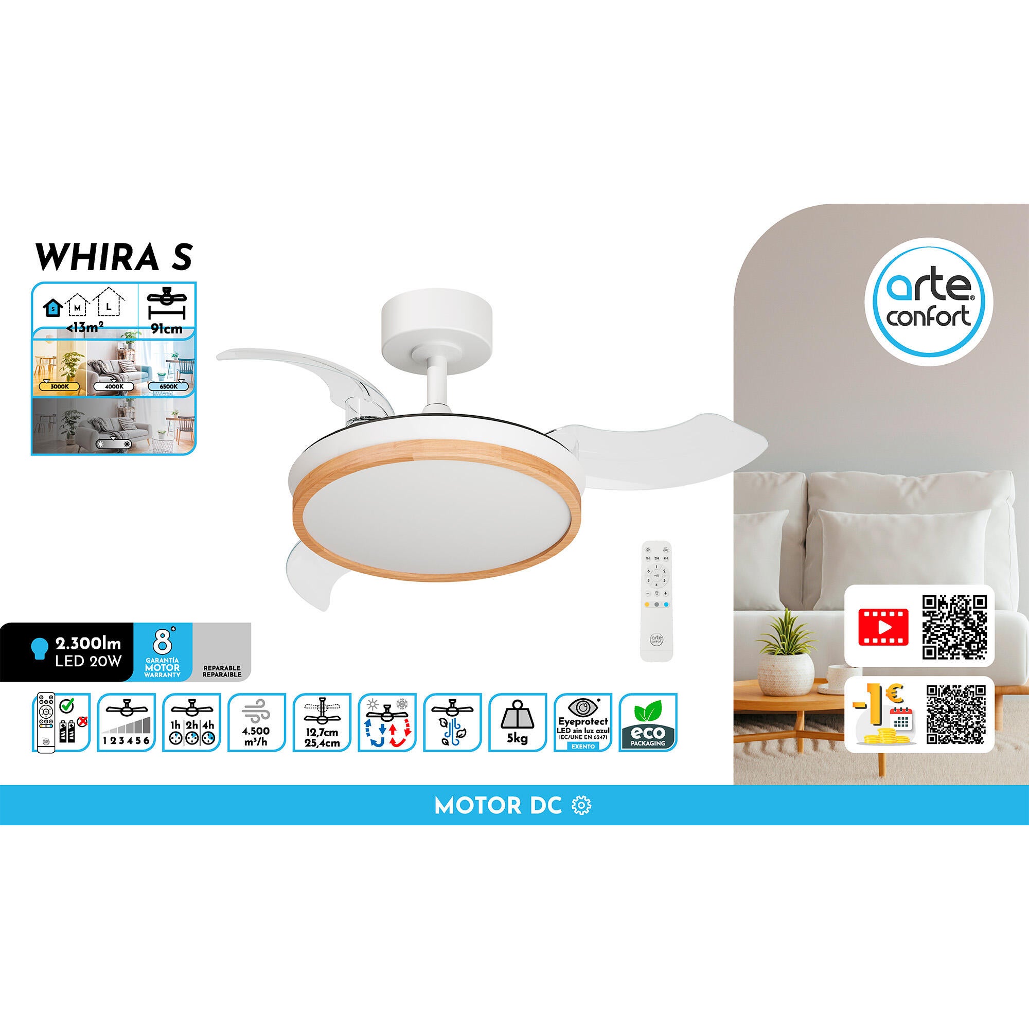 Ventilador de techo con luz silencioso DC 22W con mando ø91 cm Whira S ARTE CONFORT blanco luz CCT 3 aspas| 6 velocidades| modo verano/invierno| temporizador| brisa| recomendado para <13m² - 10
