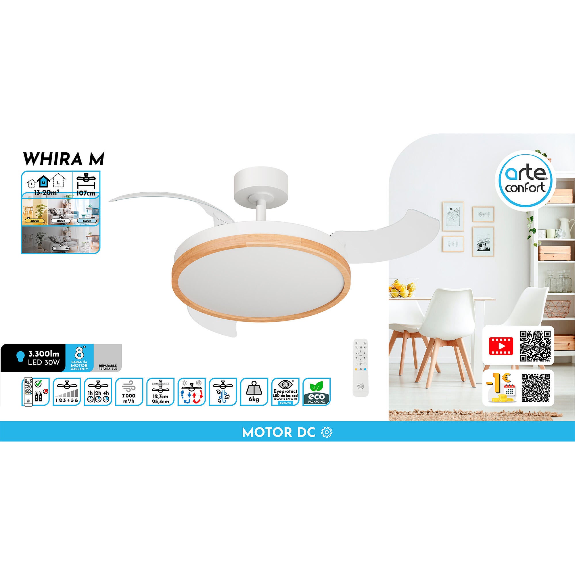 Ventilador de techo con luz retráctil silencioso DC 30W con mando ø107 cm Whira ARTE CONFORT blanco luz CCT 3 aspas| 6 velocidades| modo verano/invierno| brisa| recomendado de 13 a 20m² - 10