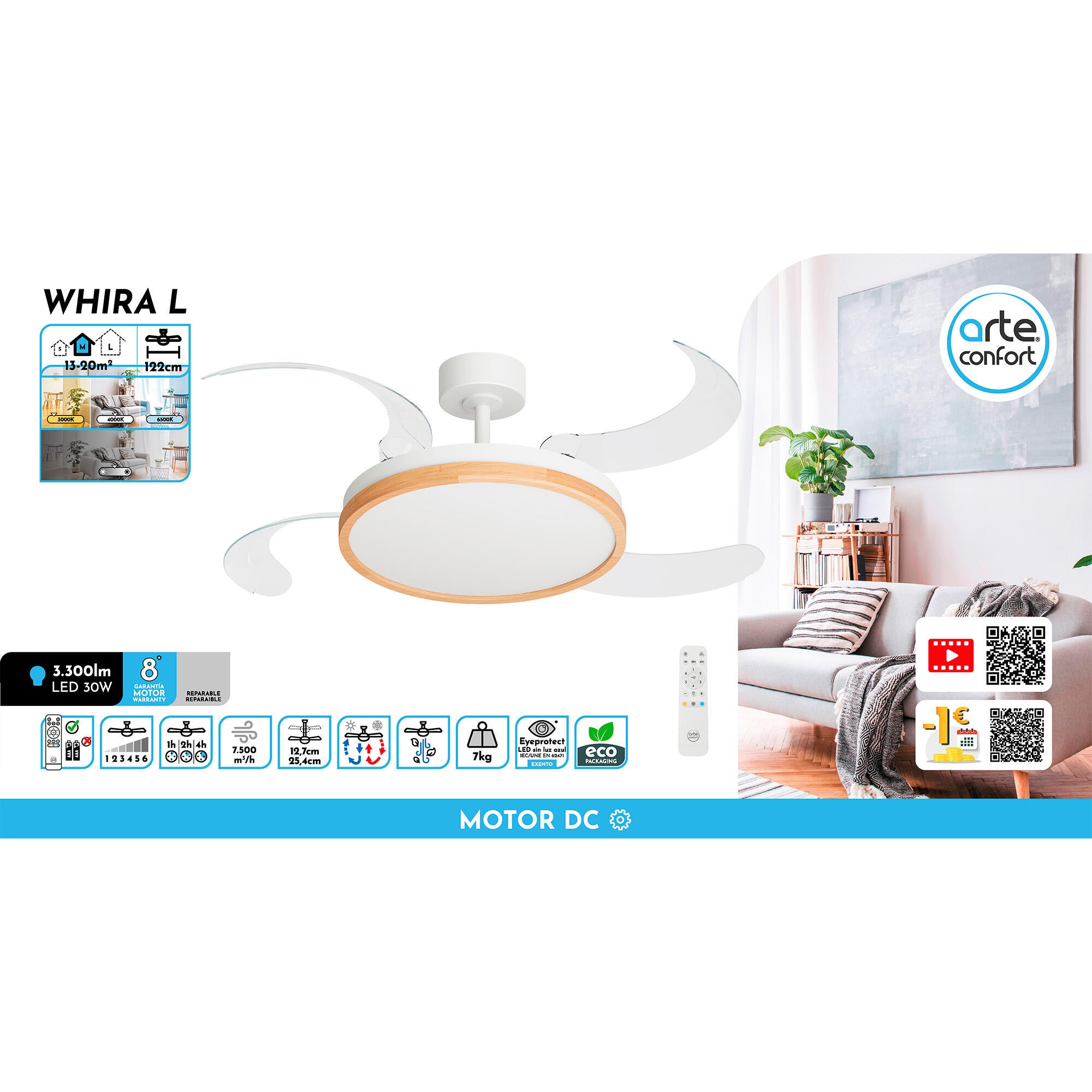 Ventilador de techo con luz silencioso DC 30W con mando ø122 cm Whira L ARTE CONFORT blanco luz CCT 4 aspas| 6 velocidades| modo verano/invierno| temporizador| brisa| recomendado de 13 a 20m² - 10