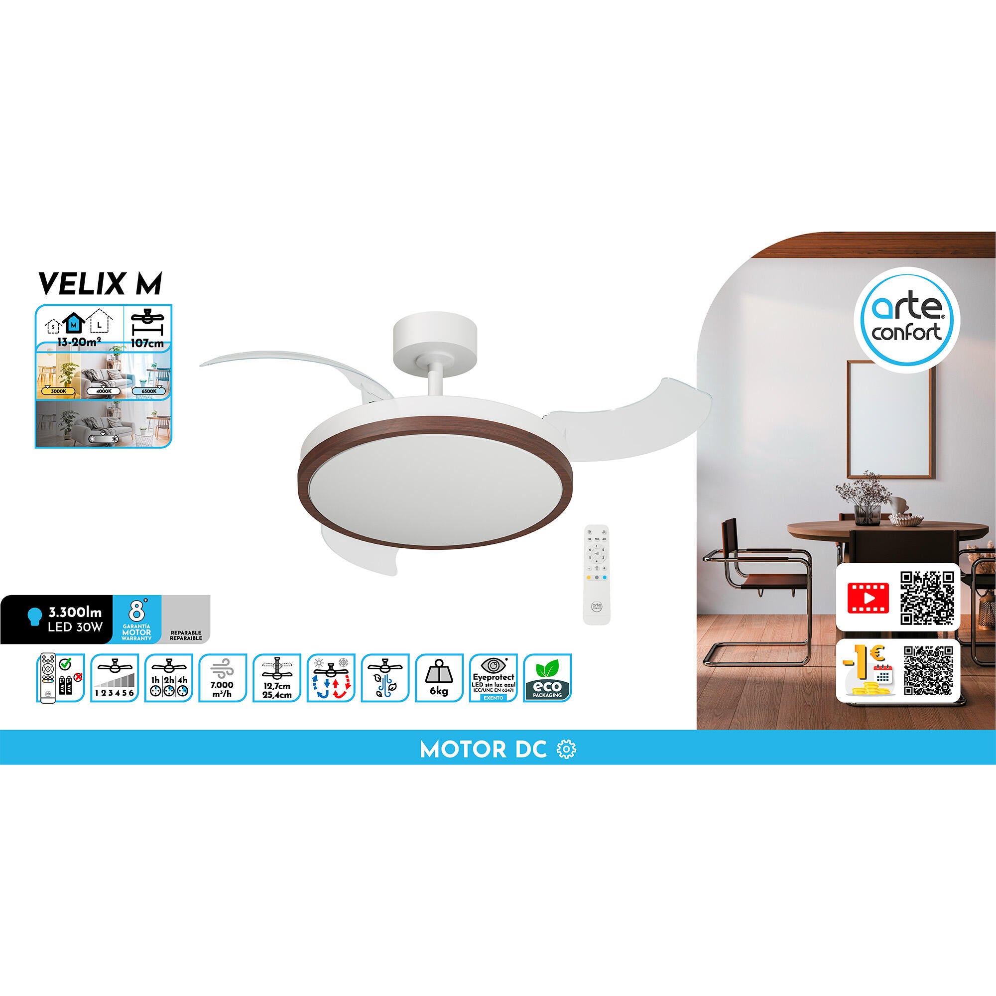 Ventilador de techo con luz silencioso DC 30W con mando ø107 cm Velix ARTE CONFORT blanco luz CCT 3 aspas retráctiles tipo lámpara| 6 velocidades| modo verano/invierno| brisa| recomendado de 13 a 20m² - 10